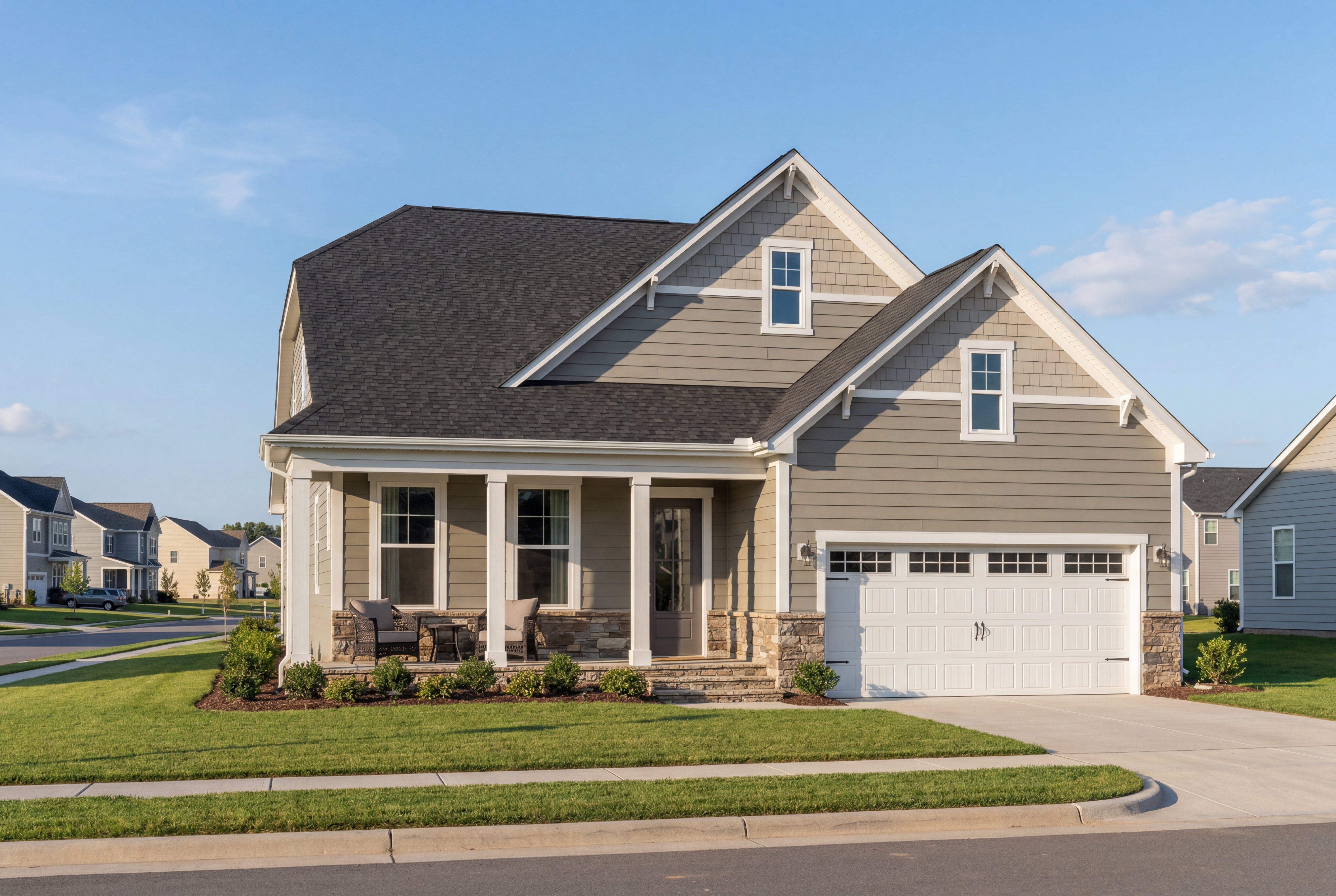 Charming two-story The Birch II elevation with shingled roof, covered porch, two-car garage, and craftsman siding in Wake Forest neighborhood