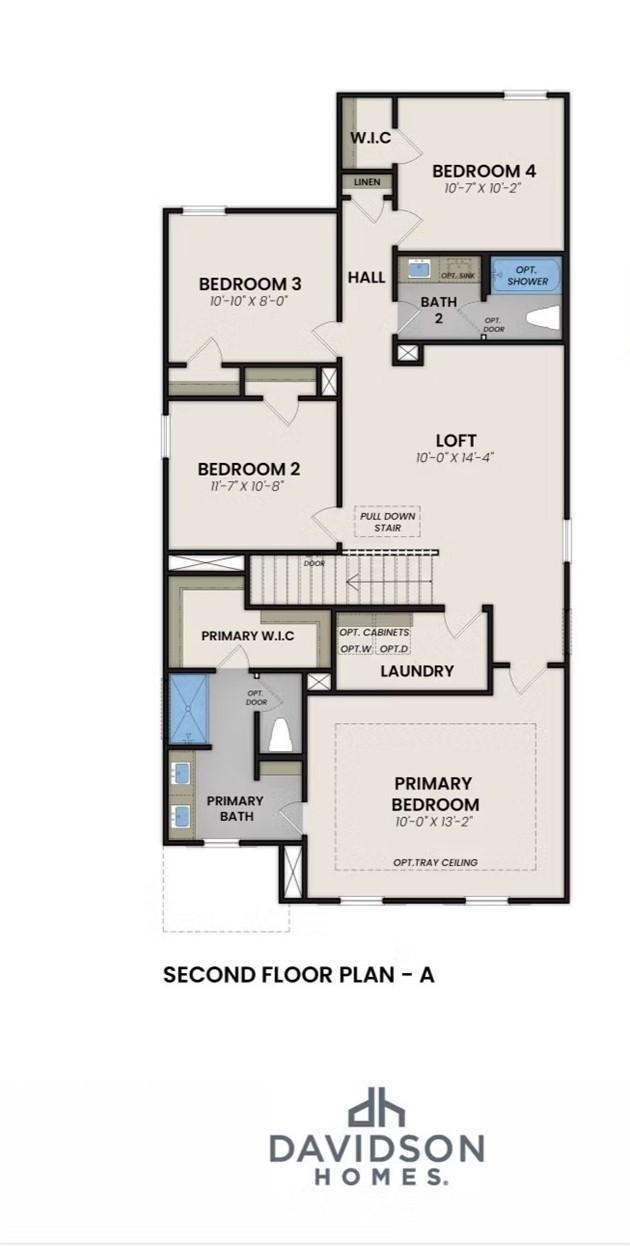 Second floor plan for The Russell C by Davidson Homes, featuring three bedrooms, loft, laundry, and primary suite in Auburn.