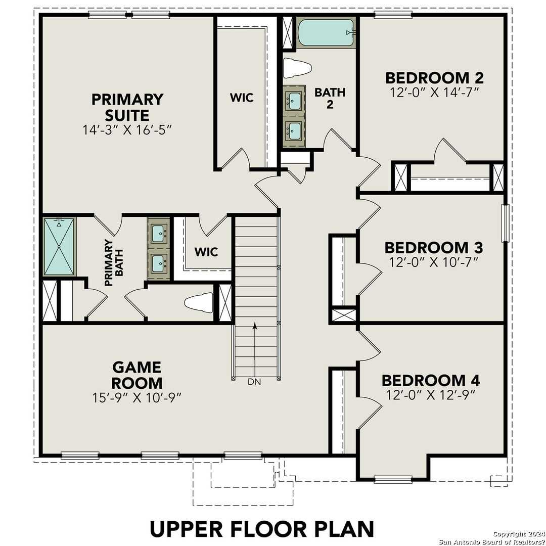 Upper floor plan of The Murray H: primary suite with bath, bedrooms 2-4, game room in 4-bed Davidson Homes, Hannah Heights, Seguin, Texas