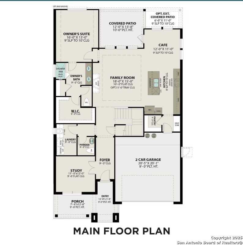 Main floor plan of Sequoia C 4-bedroom home by Davidson Homes in Horizon Pointe, Converse, Texas: open kitchen, family room, owner's suite, 2-car garage