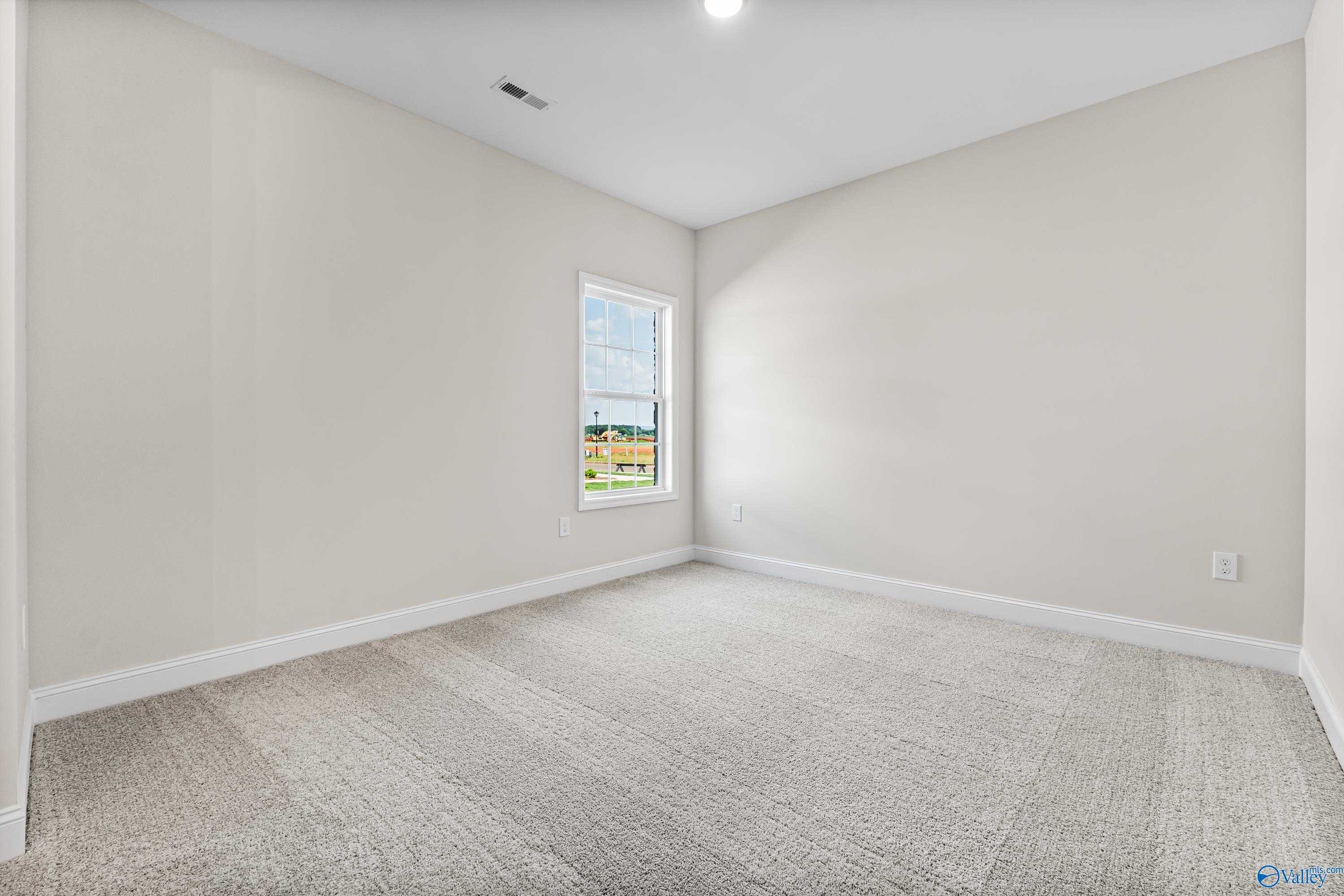 Empty bedroom with light beige walls, large window view, and plush gray carpet in The Finleigh 3-bedroom home, Toney, Alabama