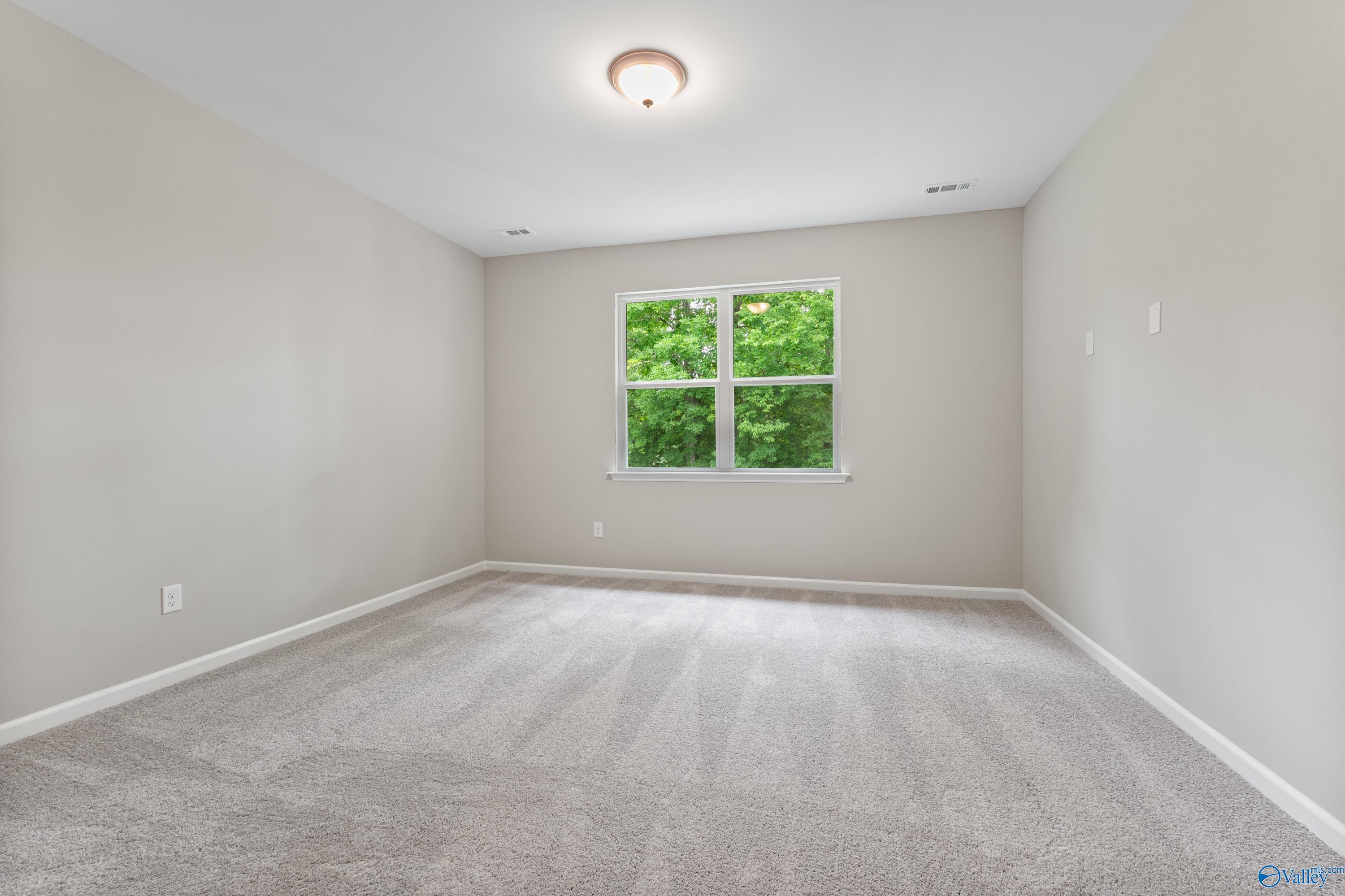 Bright secondary bedroom with neutral walls, carpet flooring, and large window overlooking greenery in Davidson Homes The Aurora, Fayetteville, TN