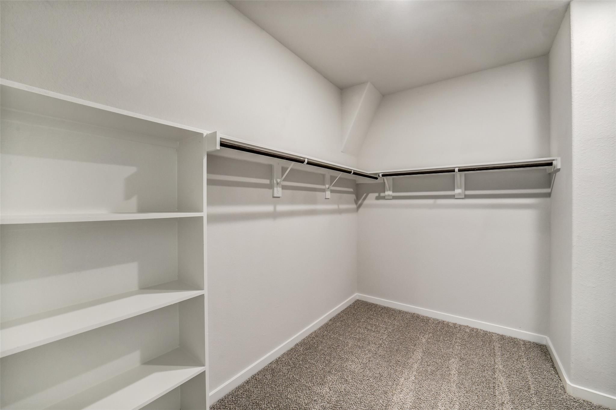 Spacious walk-in closet with white shelves and hanging rods on beige carpet in Davidson Homes The Acadia C, Windmill Estates, Magnolia, Texas