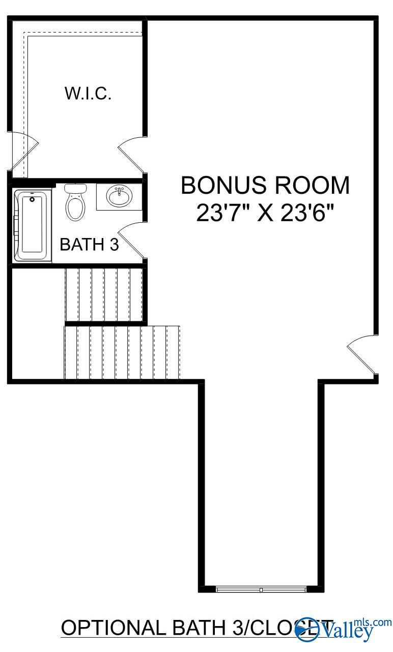 Upper level floor plan with 23x23 bonus room, Bath 3, walk-in closet, and stairs in The Rockford with Bonus, Madison, AL