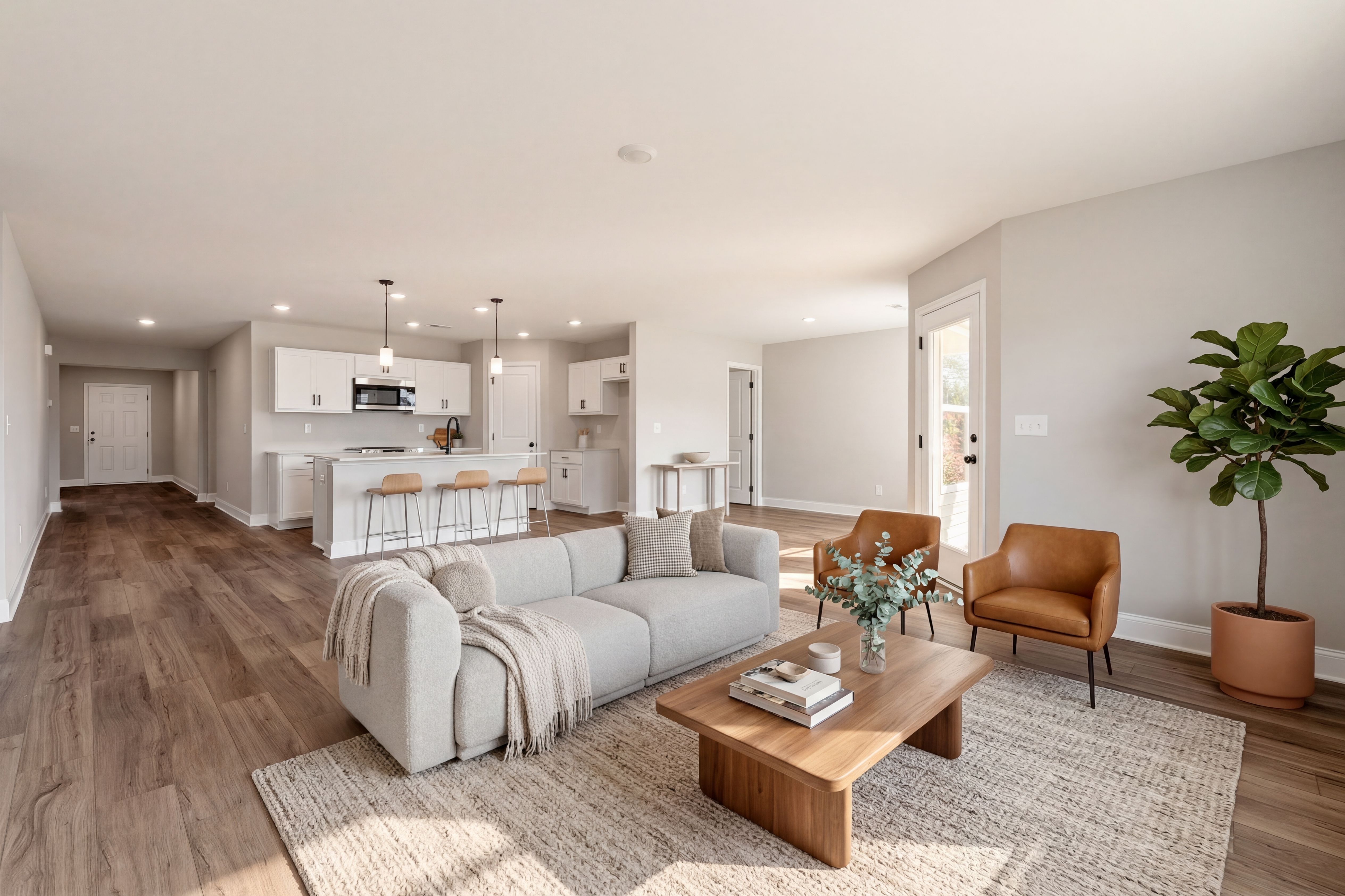 Spacious open-concept living room and kitchen at Chapel Hill in Athens Alabama featuring hardwood floors, white island, gray sofa, and leather chair