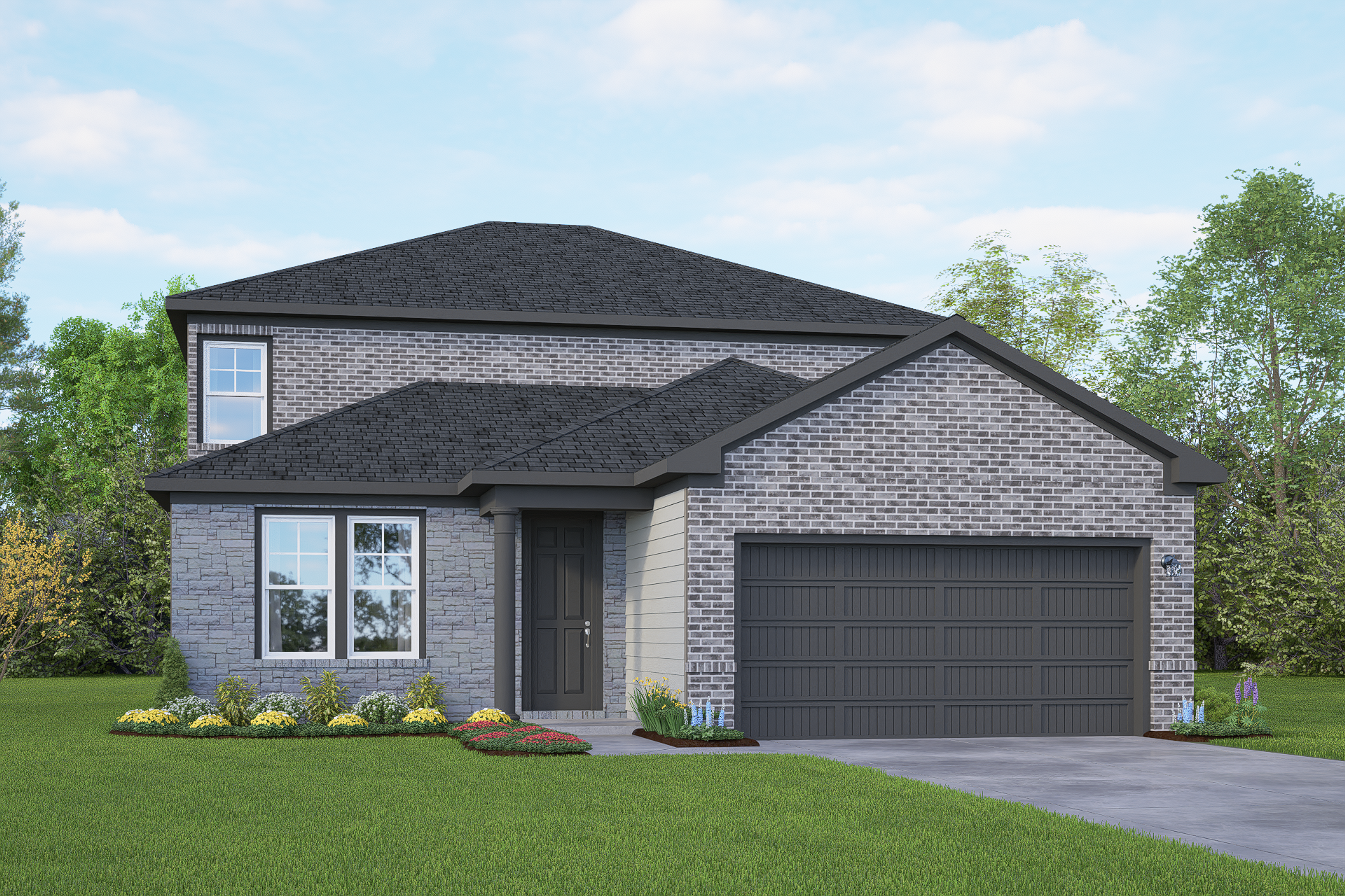 Modern two-story brick home elevation of The Douglas F with black roof, two-car garage, and landscaped front yard in San Antonio
