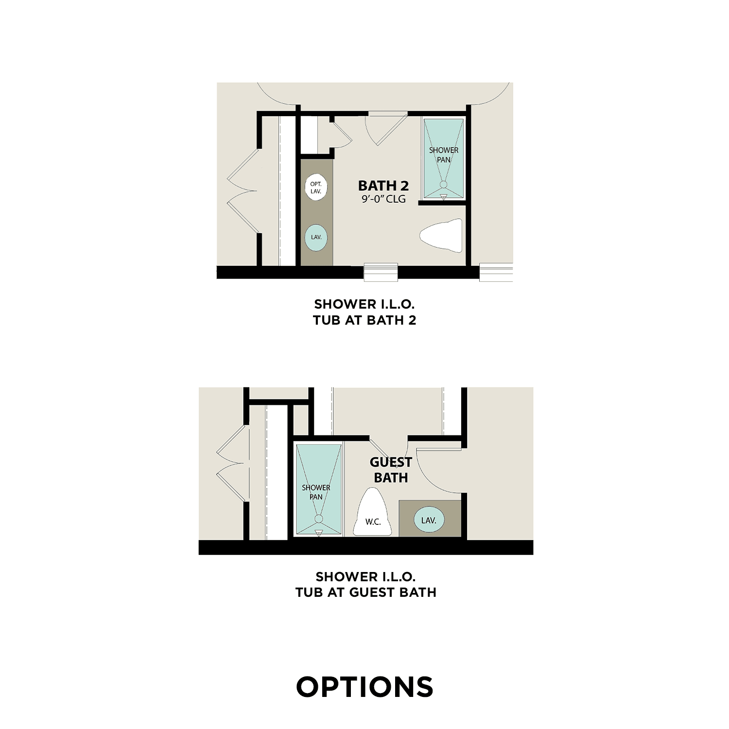 Bathroom floor plans for The Elizabeth A: Bath 2 tub-shower combo and guest bath with separate tub, shower, vanity