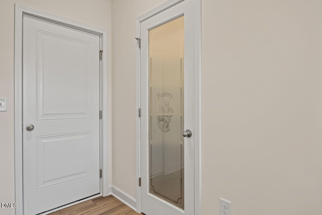 Elegant frosted glass pantry door beside white interior door in Davidson Homes Hickory II B plan, Lillington, North Carolina