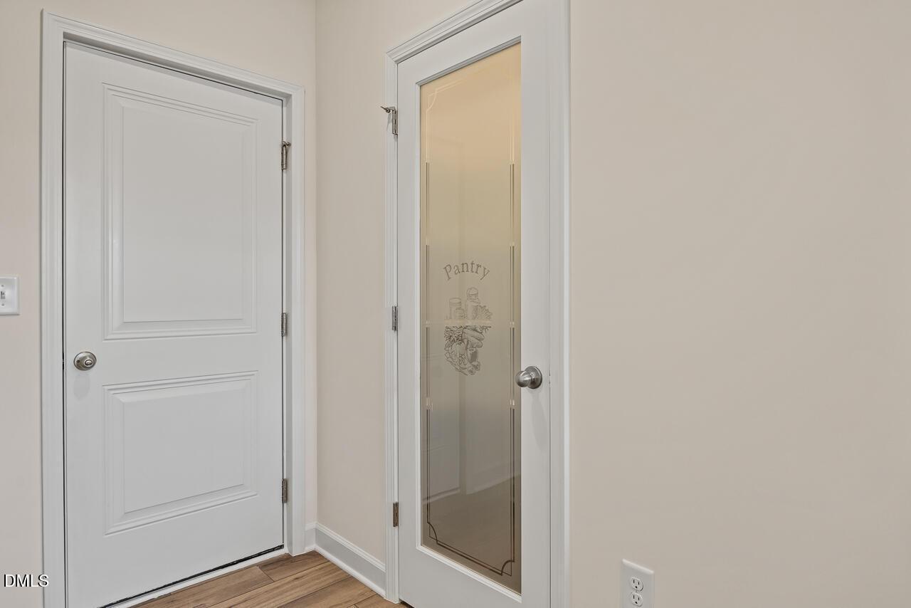Elegant frosted glass pantry door beside white interior door in Davidson Homes Hickory II B plan, Lillington, North Carolina