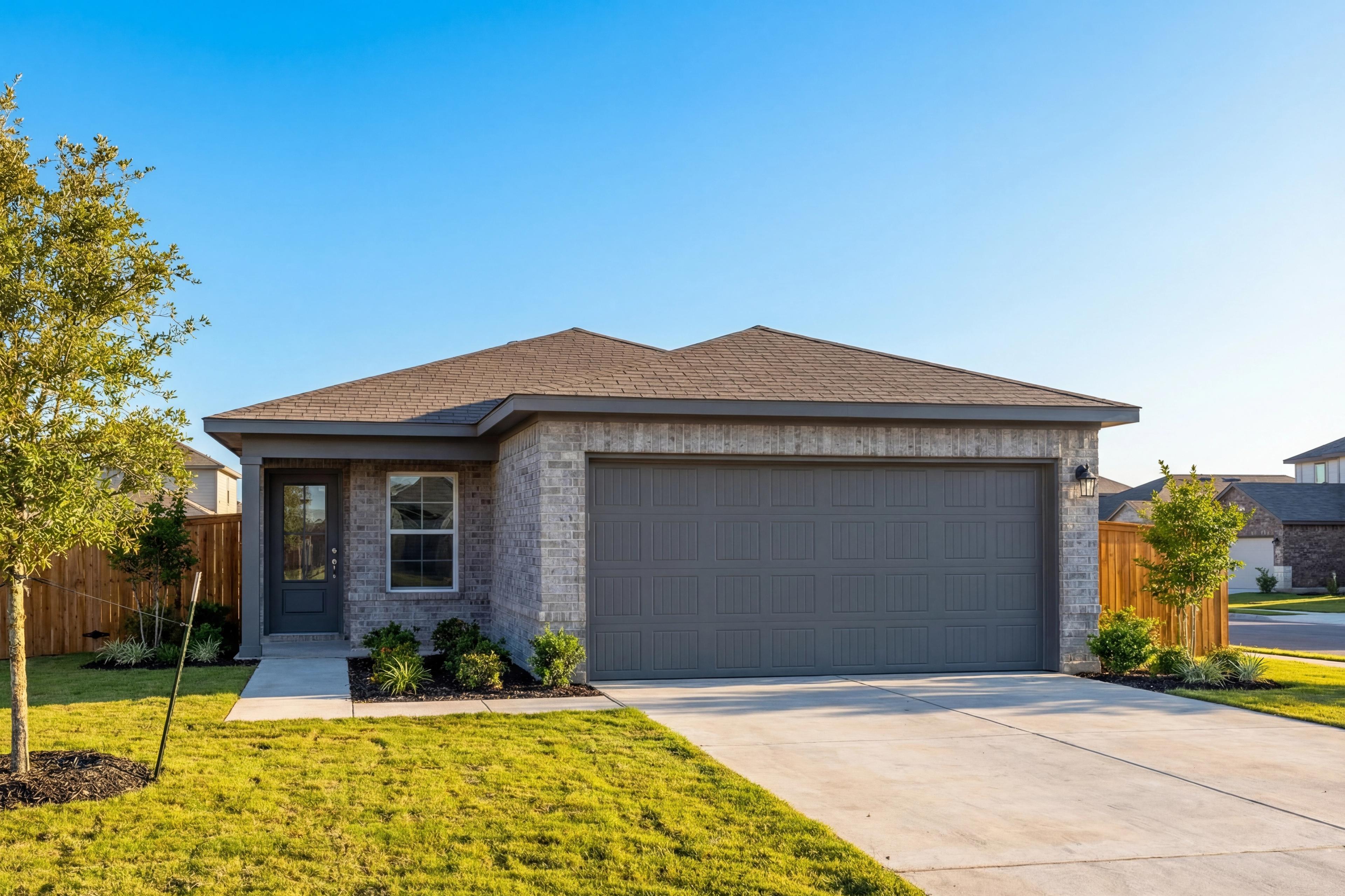 Modern single-story exterior of The Colorado by Davidson Homes with brick siding, two-car garage, and lush landscaped yard in San Antonio