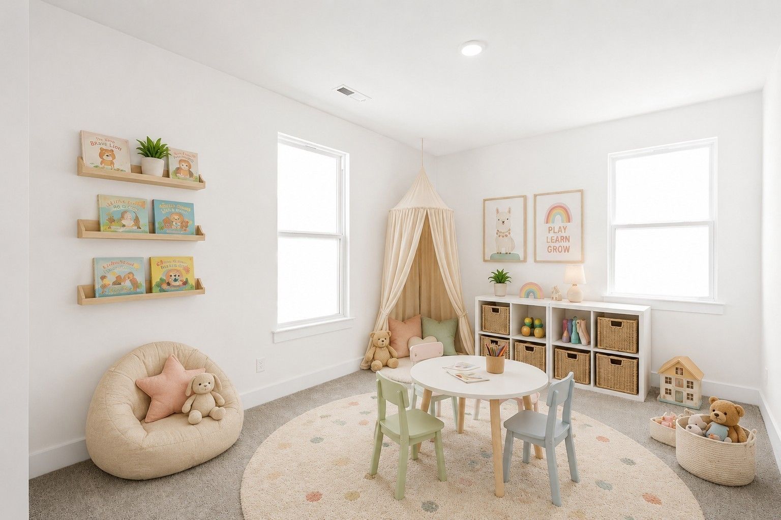 Bright nursery playroom with canopy reading nook, kids table, and toy storage in Davidson Homes Cottonwood E, Gallatin TN