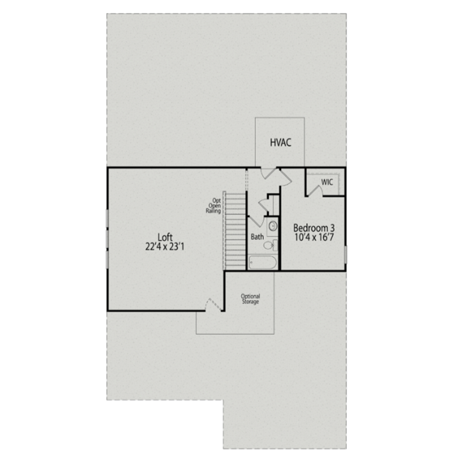 Second floor layout of The Birch II showcasing 22x23 loft, Bedroom 3, optional Bedroom 4, bath, and storage in 2-story home design