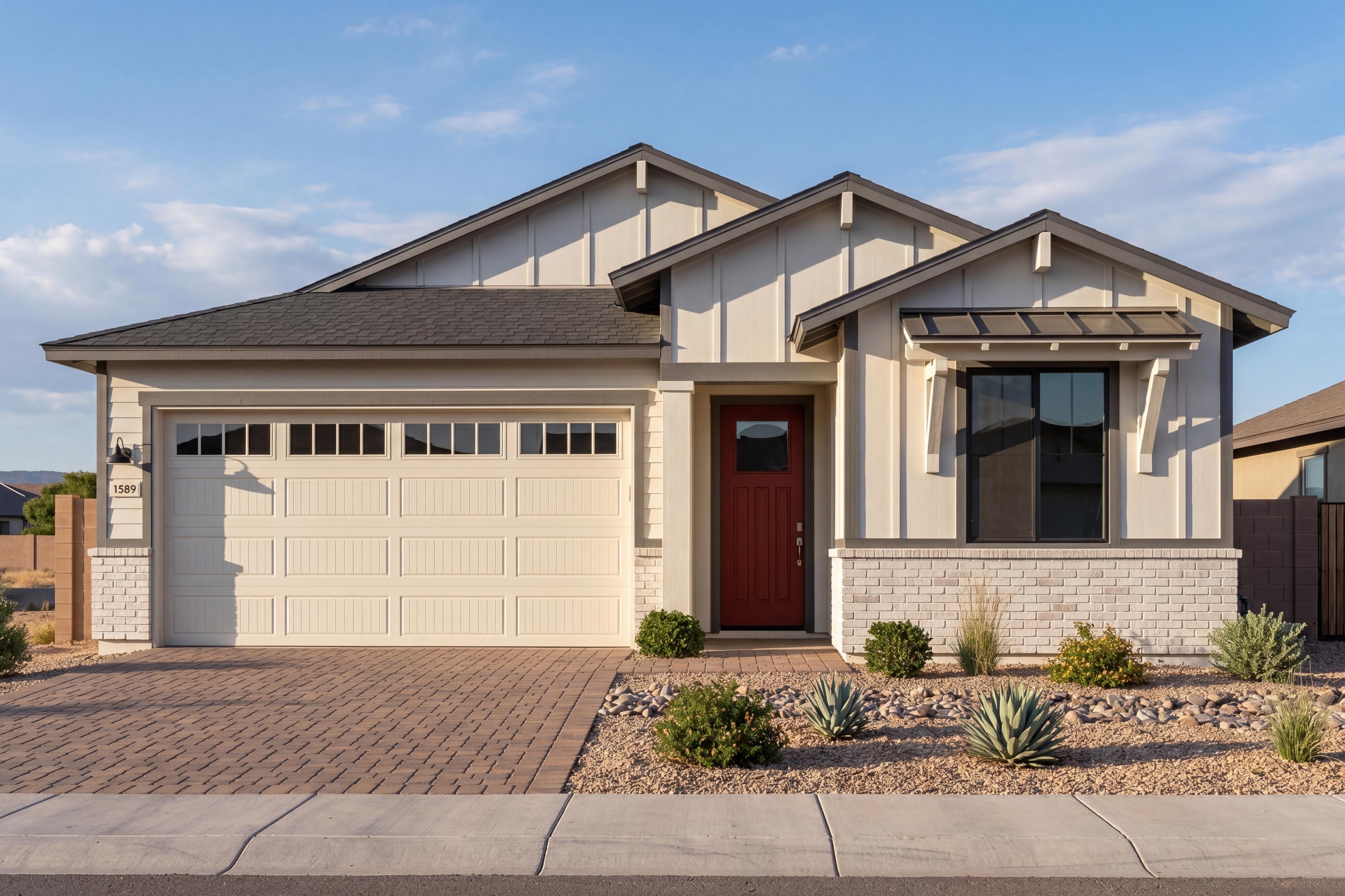 Modern single-story exterior of The Frontier II G in Prescott with 3-car garage, white brick, and red front door.