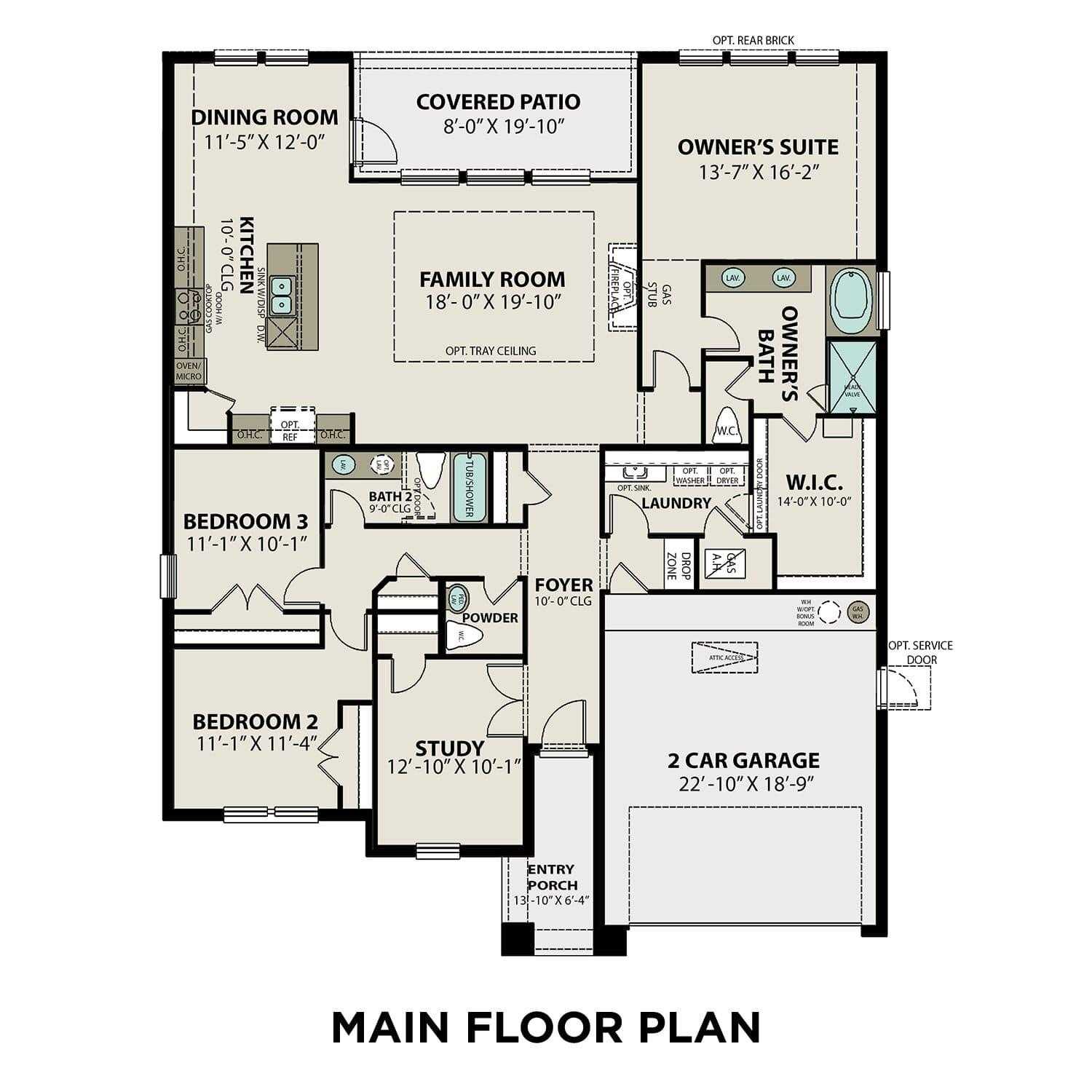Main floor plan of The Edward A 3-car garage home: 3 bedrooms, open kitchen, family room in Lago Mar, Texas City