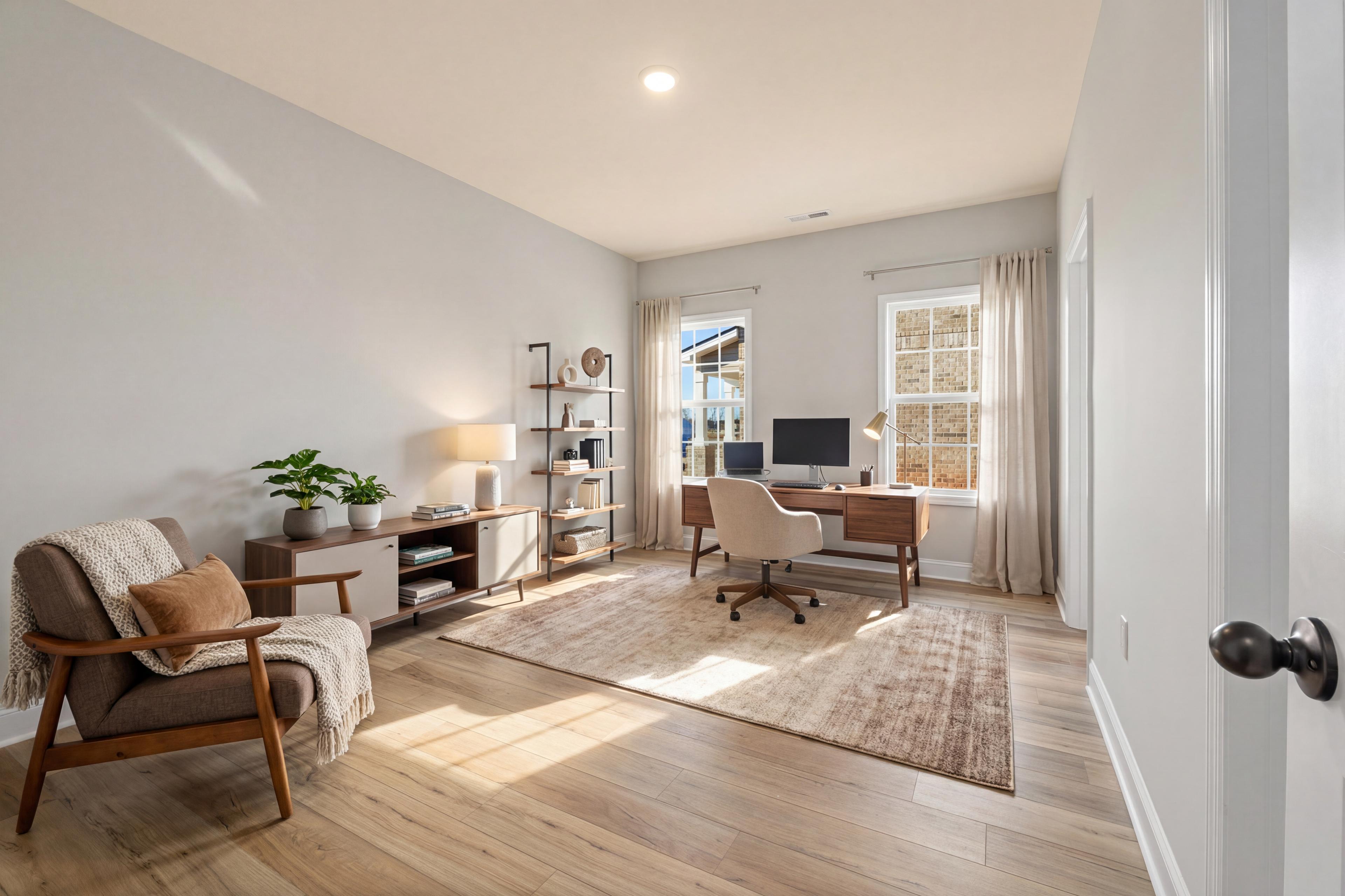 Spacious home office in The Valencia by Davidson Homes featuring wooden desk, bookshelves, armchair, and large windows