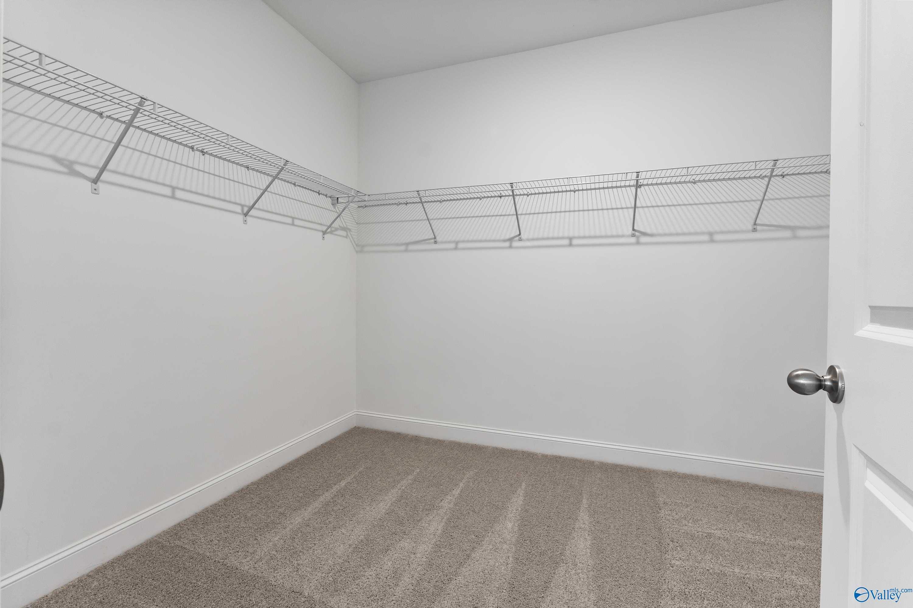 Spacious walk-in closet with wire shelving and beige carpet in Davidson Homes The Rockford, Creekside, Harvest, Alabama