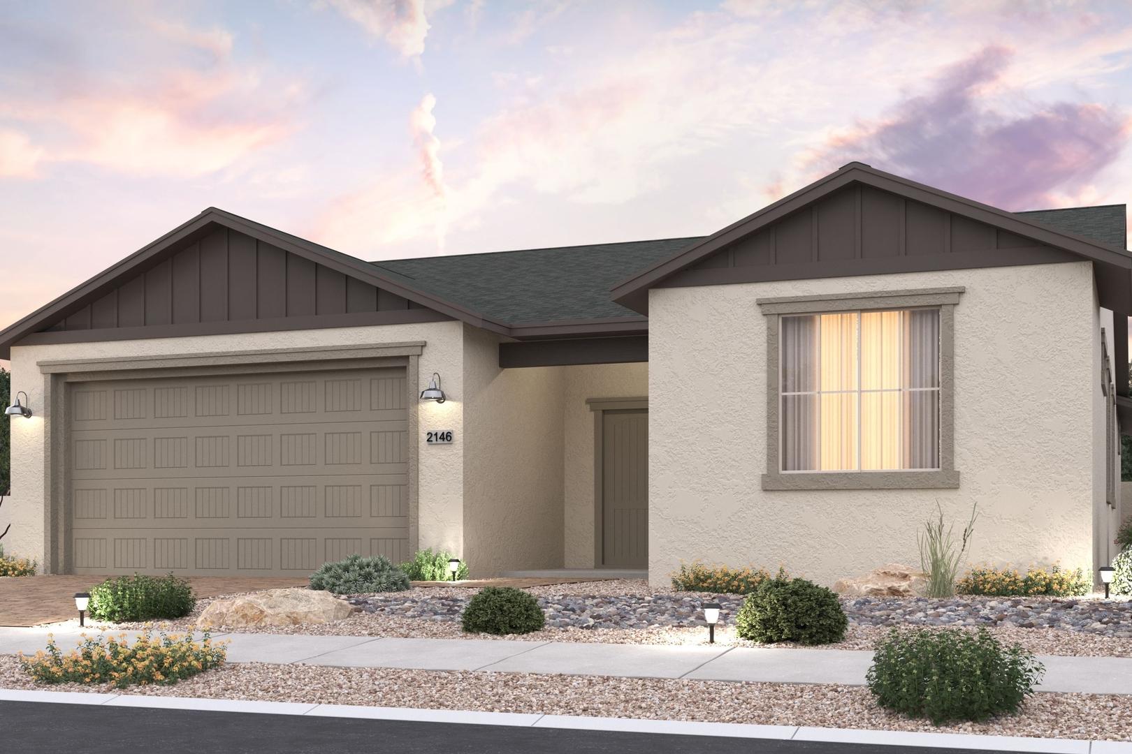 Modern single-story The Harmony B exterior with 3-car garage, stucco siding, desert landscaping, and sunset sky in Prescott Valley Arizona