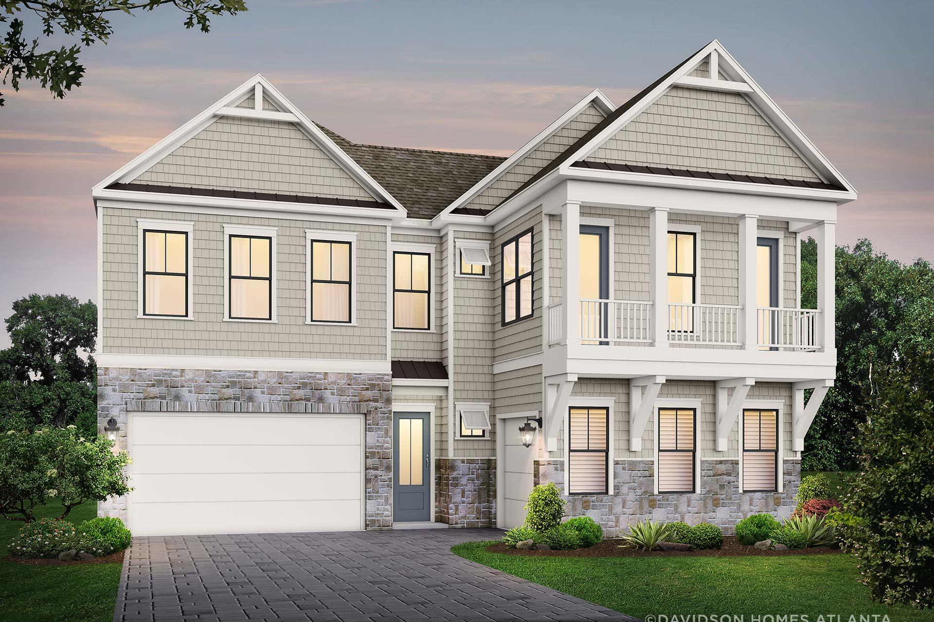 Two-story Seaside home elevation by Davidson Homes in Woodstock GA, with beige siding, stone base, upper balcony, 3-car garage, and landscaped front yard