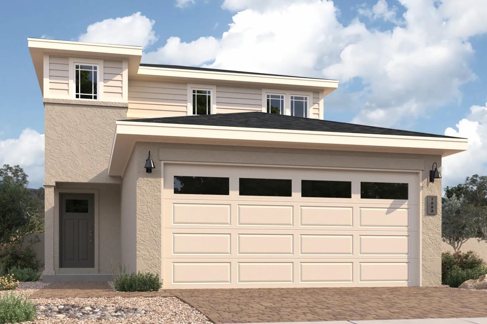 Modern 2-story Raleigh A home exterior with beige siding, 3-car garage, desert landscaping, and upper master suite in Prescott AZ