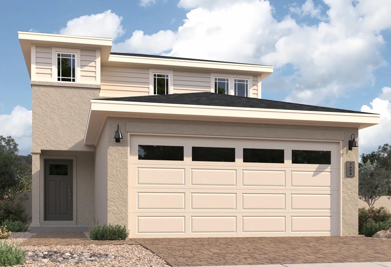 Modern 2-story Raleigh A home exterior with beige siding, 3-car garage, desert landscaping, and upper master suite in Prescott AZ