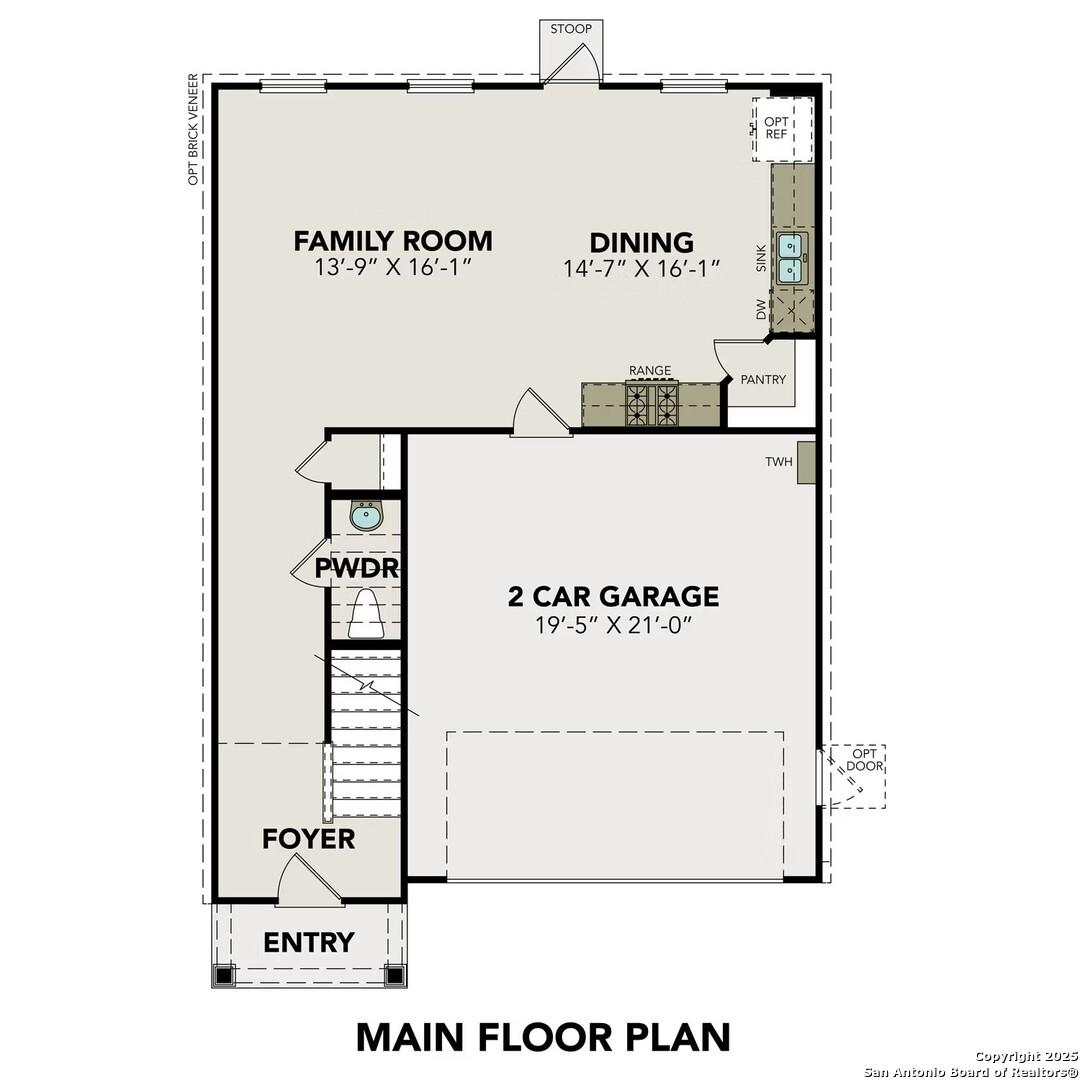 Main floor plan of The Trinity D 4-bedroom home by Davidson Homes in Agave, San Antonio, Texas: open family room, kitchen, dining, 2-car garage
