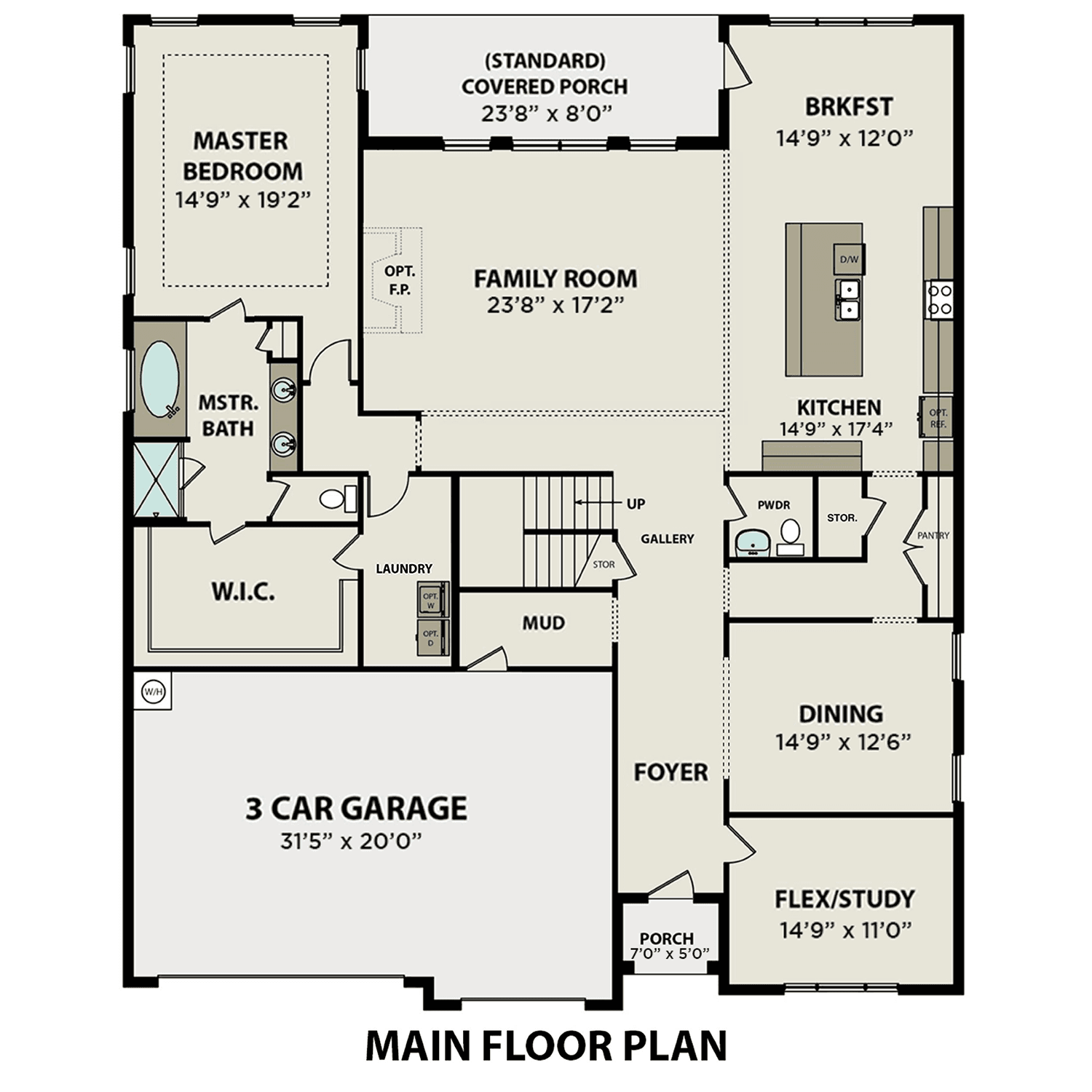 Main floor plan of The Torrance: master suite with bath, open family room, gourmet kitchen island, breakfast nook, 3-car garage