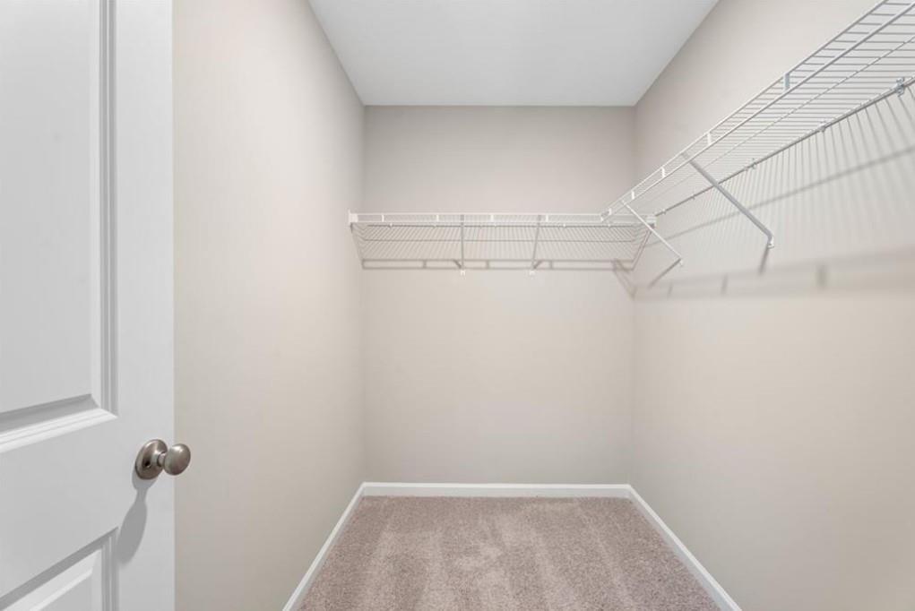 Spacious walk-in closet with wire shelving, beige walls, and carpeted floor in The Washington 3-bedroom home, Phenix City, Alabama