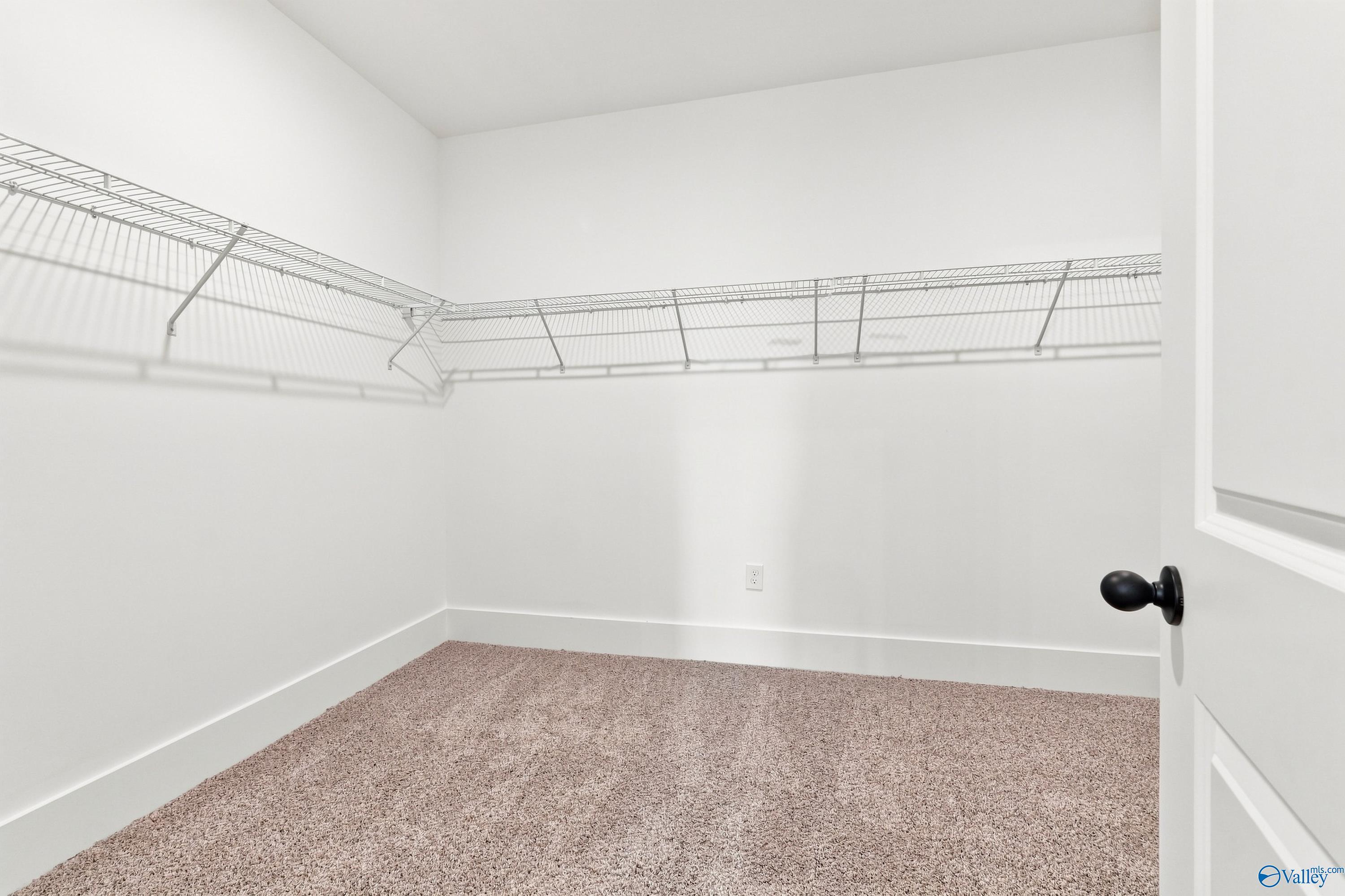 Spacious walk-in closet with wire shelving and plush carpet in The Valencia floor plan by Davidson Homes, Huntsville, Alabama