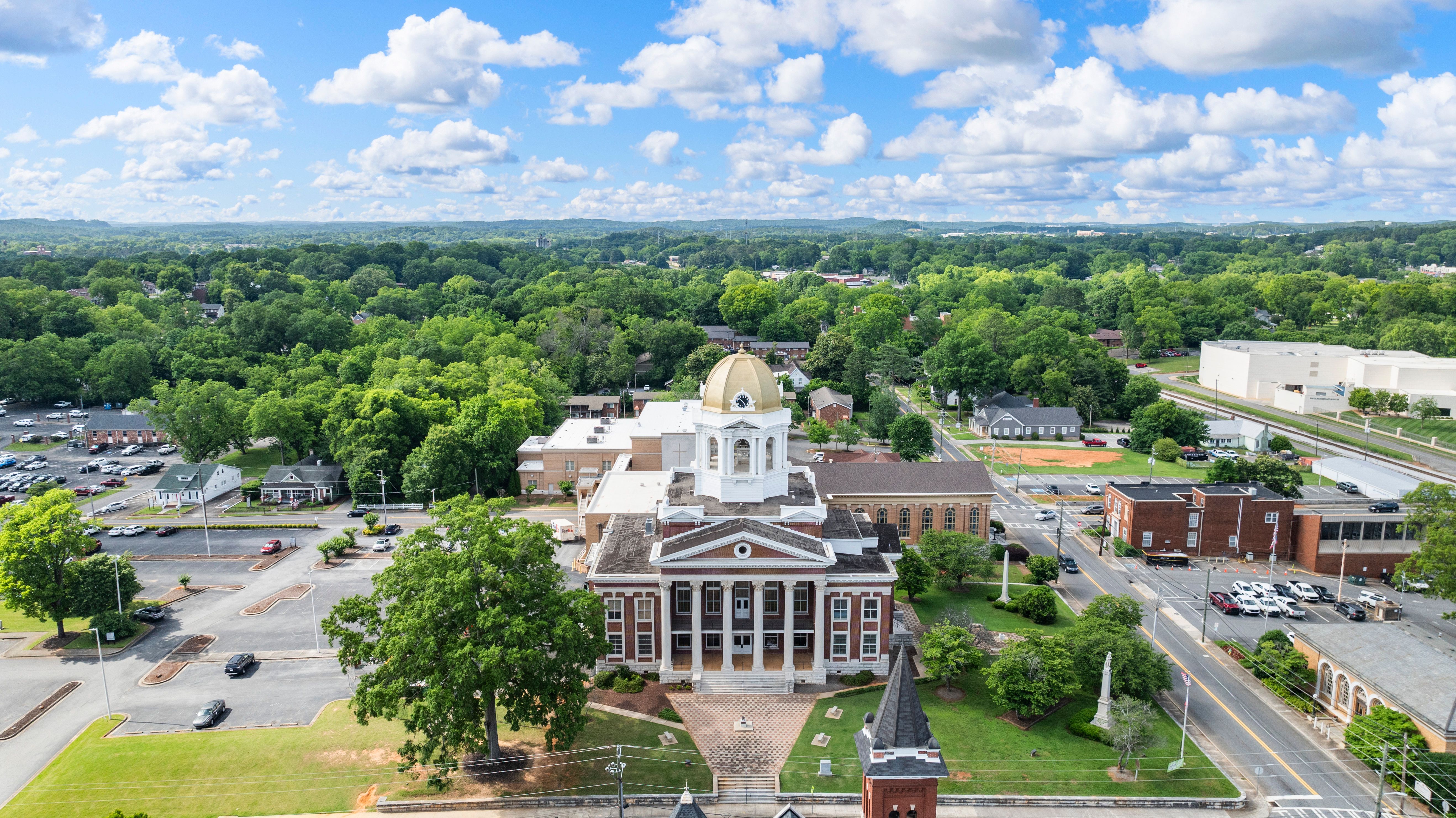 Aerial view of historic downtown Cartersville, Georgia near Greene Farm community by Davidson Homes