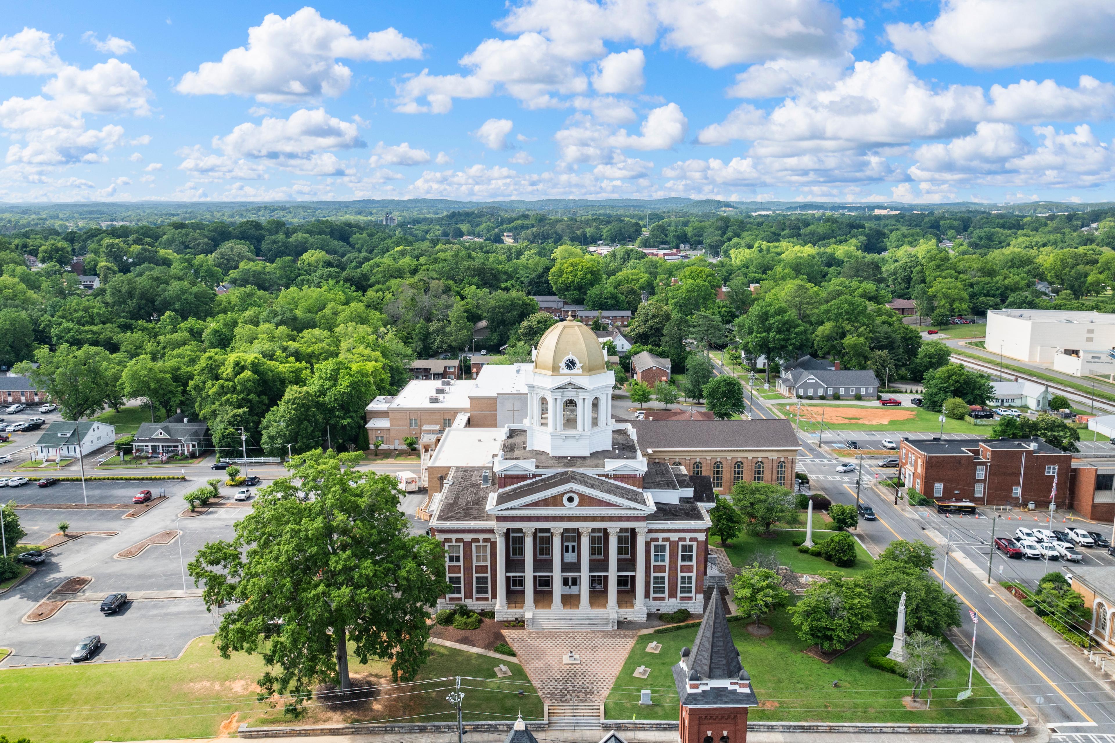 Aerial view of historic downtown Cartersville, Georgia near Greene Farm community by Davidson Homes