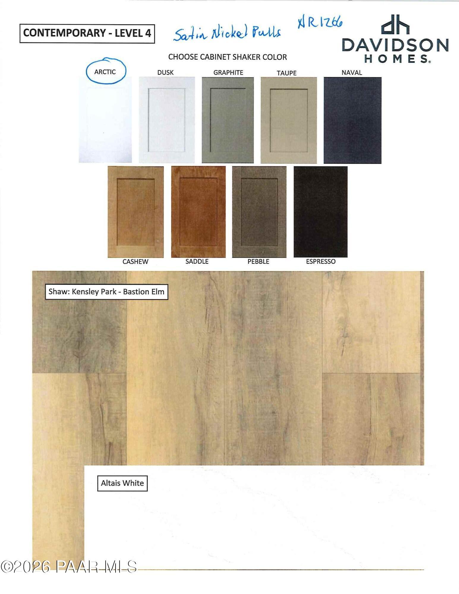 Contemporary Level 4 design selection sheet from Davidson Homes showing Arctic Shaker cabinets, Bastion Elm flooring, and Altais White countertops