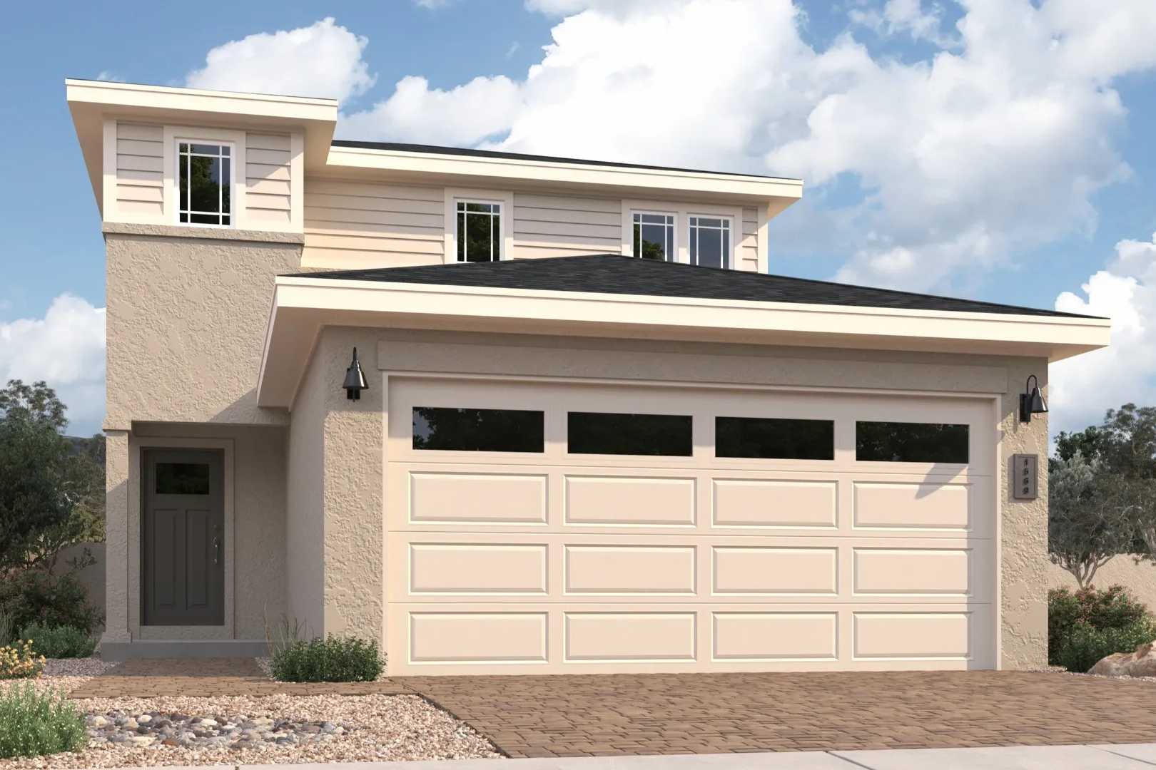 Contemporary two-story stucco home exterior at South Ranch Southern Collection in Prescott AZ with two-car garage and desert landscaping