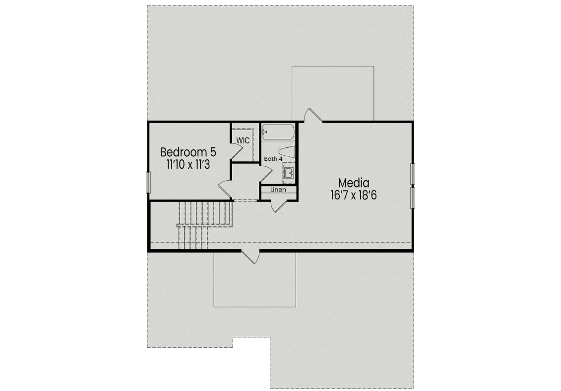 Second floor layout of The Aspen B home design featuring 11x13 Bedroom 5, media room, full bath, and linen closet