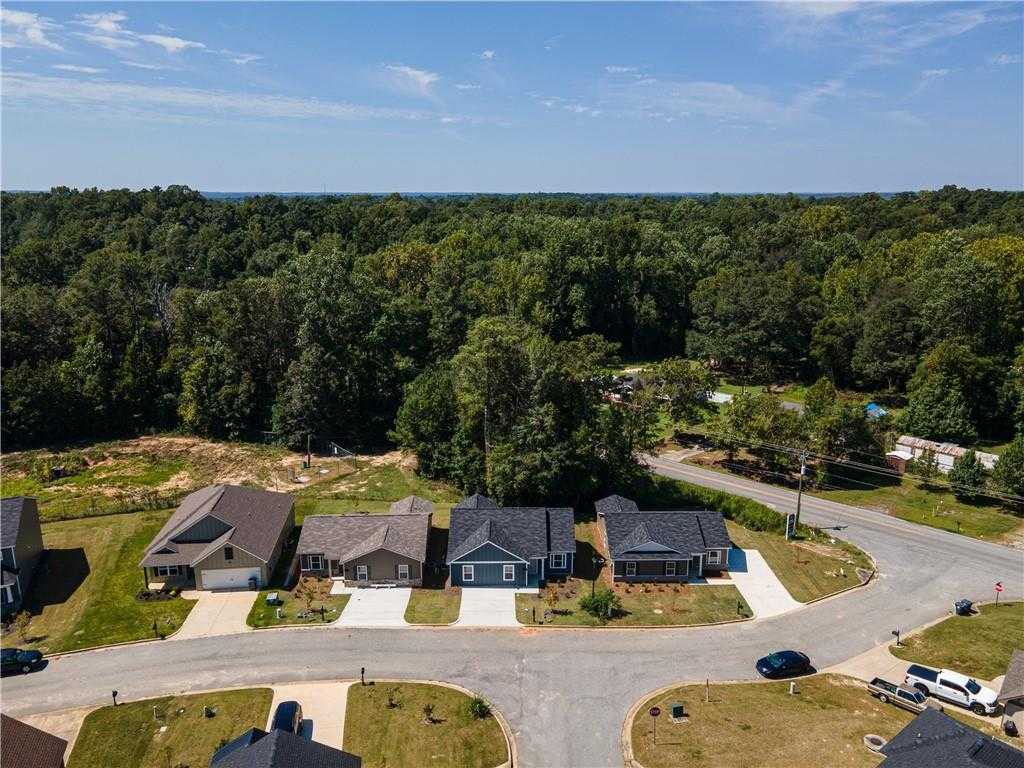 Aerial view of modern single-story homes with garages on curved street in wooded Summer Vineyard, Phenix City, Alabama, Davidson Homes Washington plan