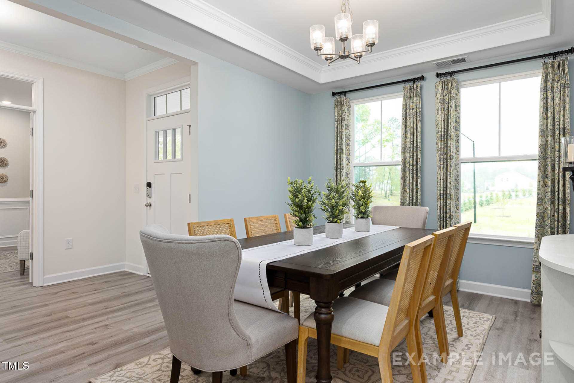 Elegant dining room featuring wooden table, upholstered chairs, chandelier, and large windows in The Magnolia B by Davidson Homes, Lillington, NC