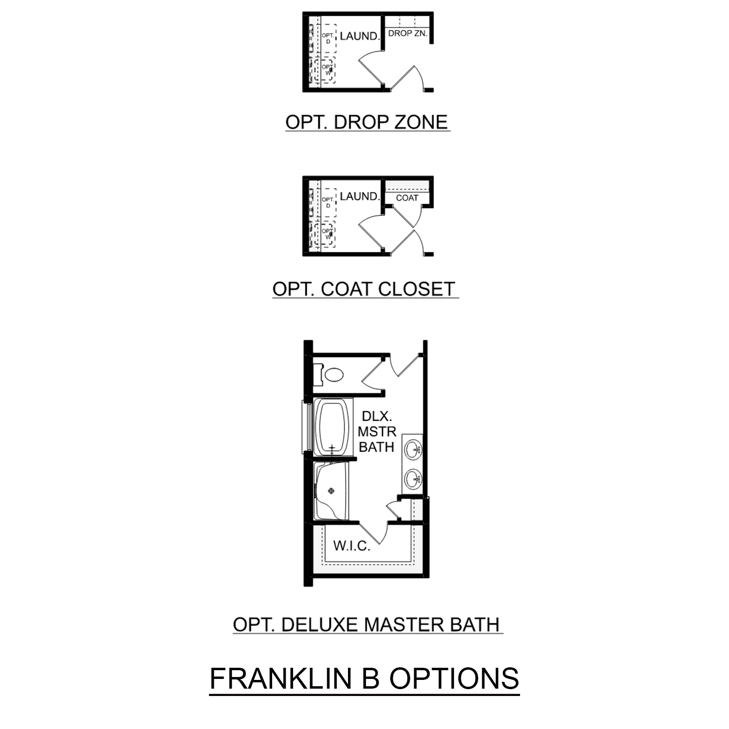 The Franklin B floor plan details: laundry with drop zone, optional coat closet, and deluxe master bath with tub and shower