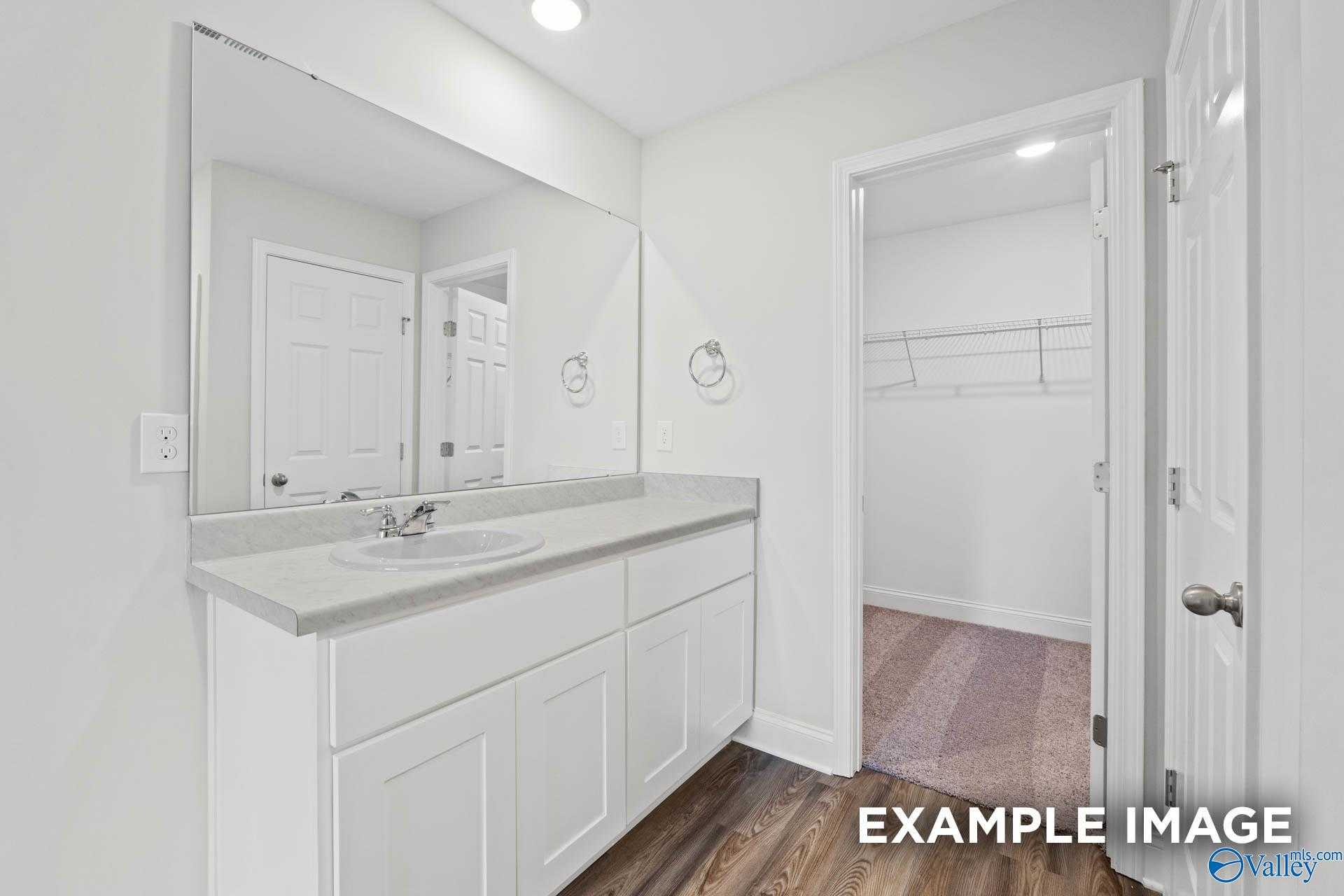 Modern master bathroom featuring white vanity, single sink, large mirror, and walk-in closet in Davidson Homes The Franklin V, Athens, Alabama