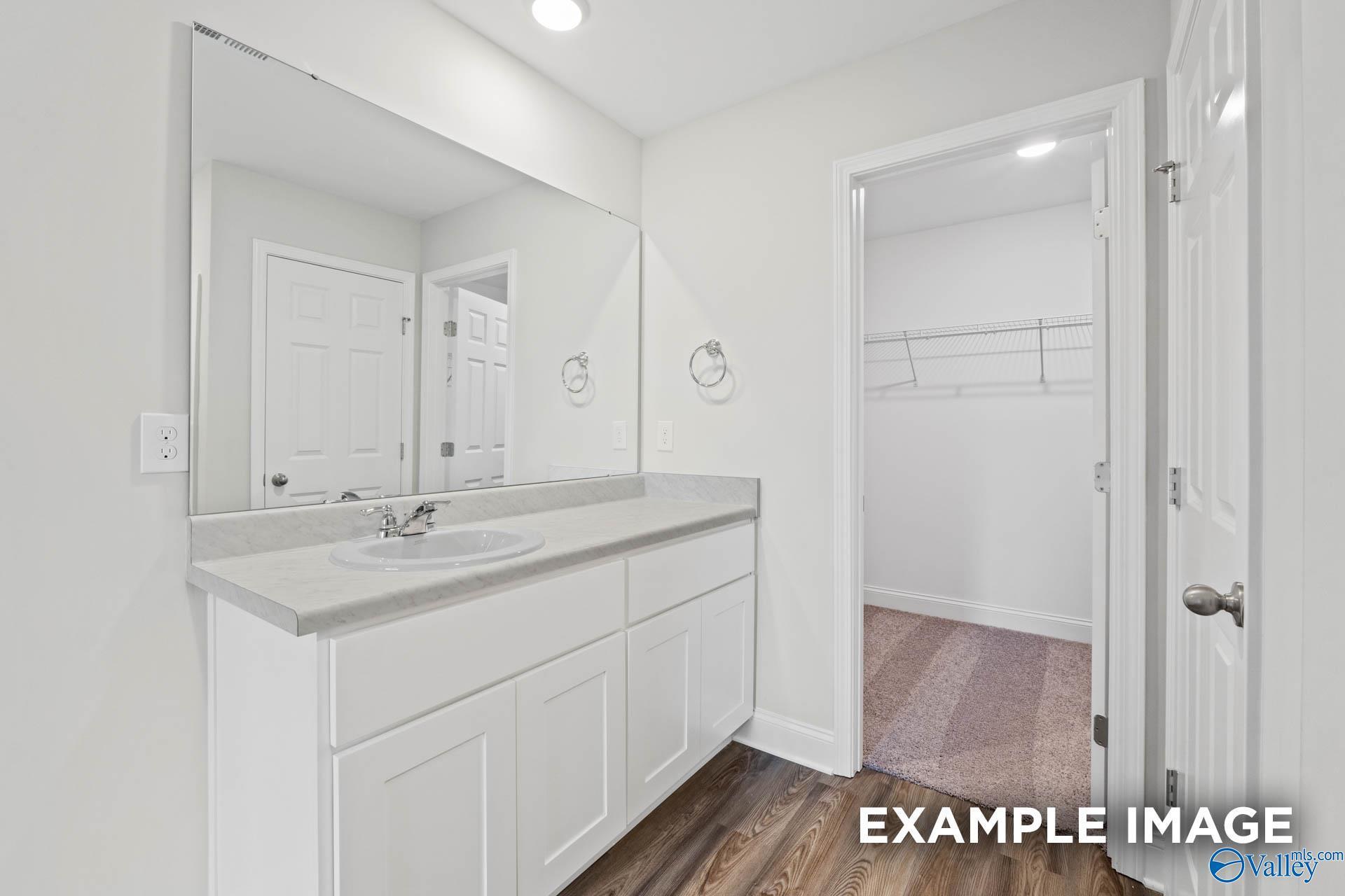 Modern master bathroom featuring white vanity, single sink, large mirror, and walk-in closet in Davidson Homes The Franklin V, Athens, Alabama