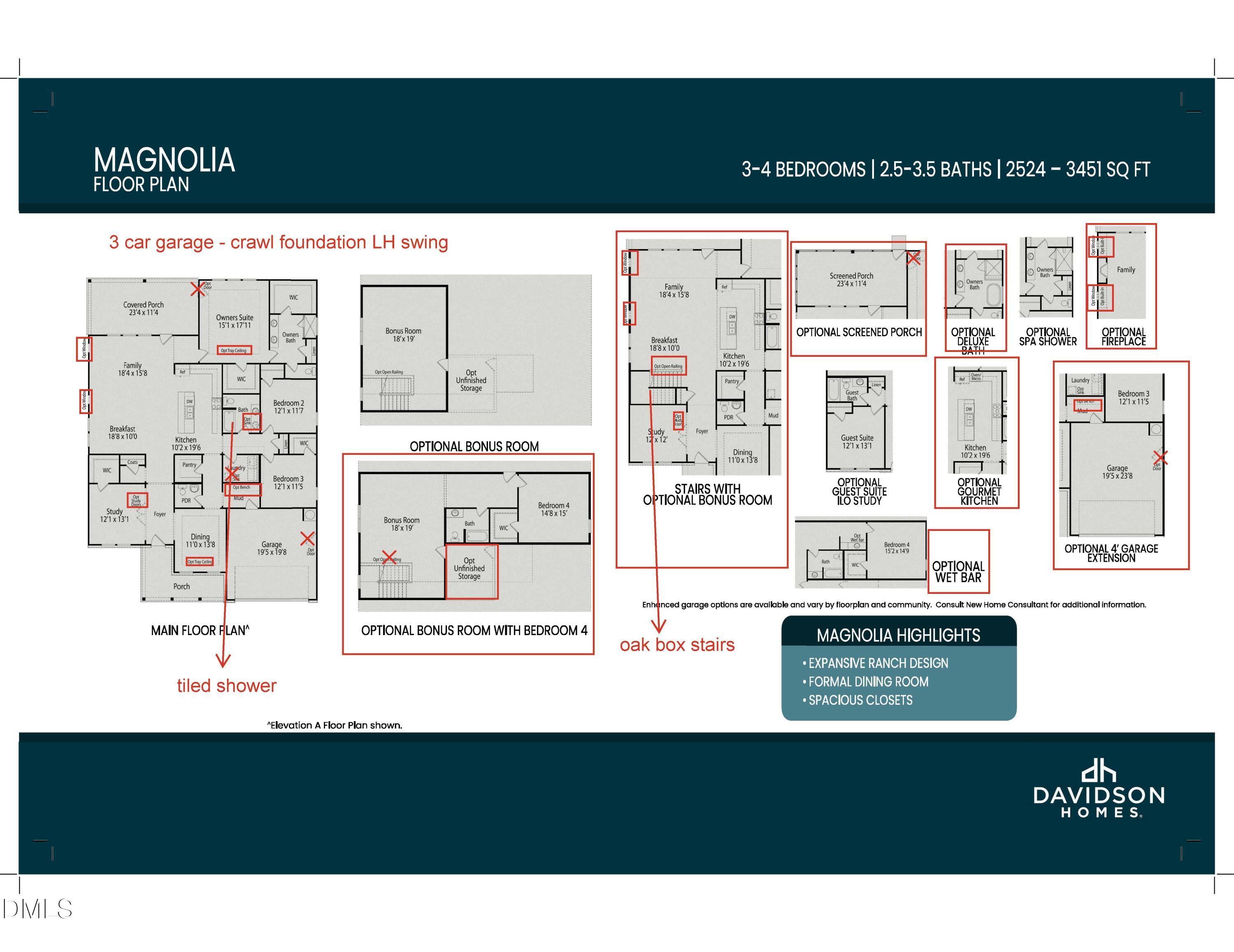 Magnolia B floor plan: 4-bedroom, 3.5-bath, 3,451 sq ft 1.5-story home with 3-car garage, optional bonus room, Angier NC
