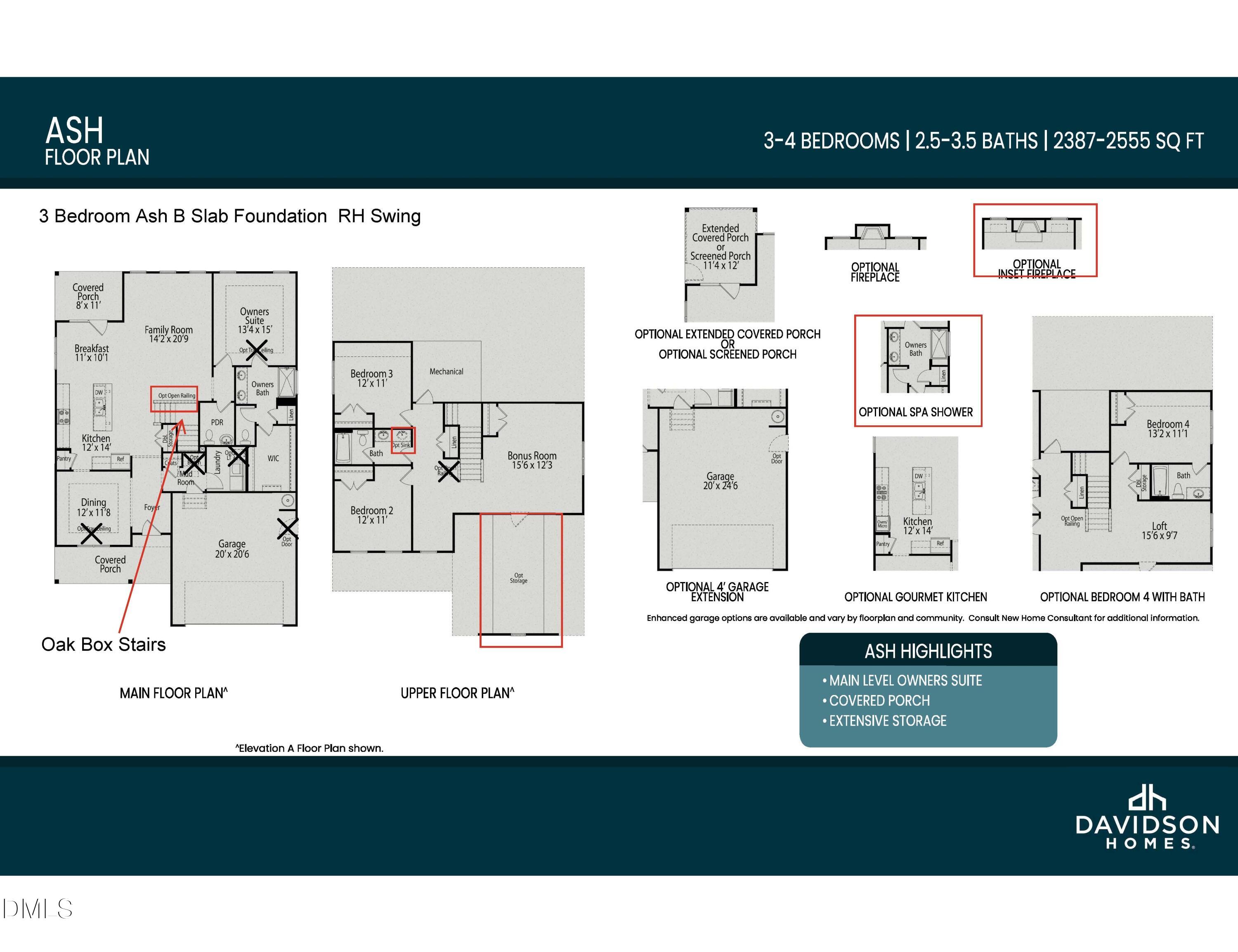 The Ash B floor plan by Davidson Homes: 3-bed, 2.5-bath, 2,387 sq ft 2-story layout with slab foundation, main/upper levels in Lillington, NC