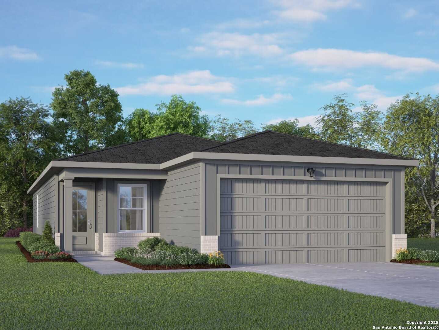 Modern gray 1-story home with 2-car garage, covered porch, and landscaped front yard in Applewhite Meadows, San Antonio - Davidson Homes Colorado B