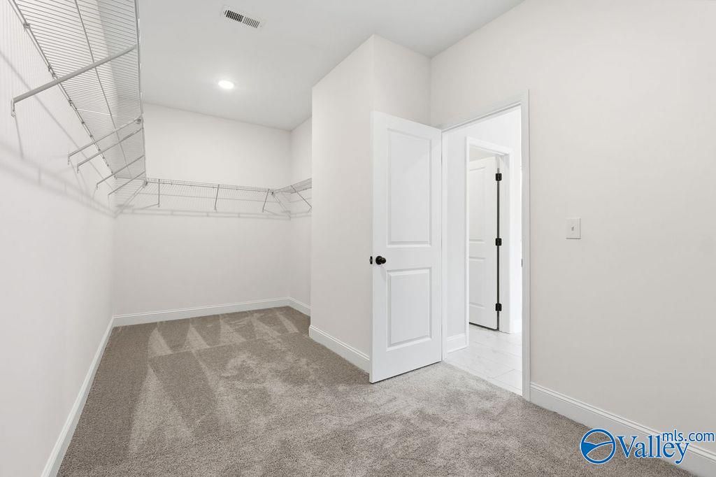 Spacious walk-in closet with wire shelving, hanging rods, and gray carpet in Davidson Homes The Rockford B, Hartselle, AL