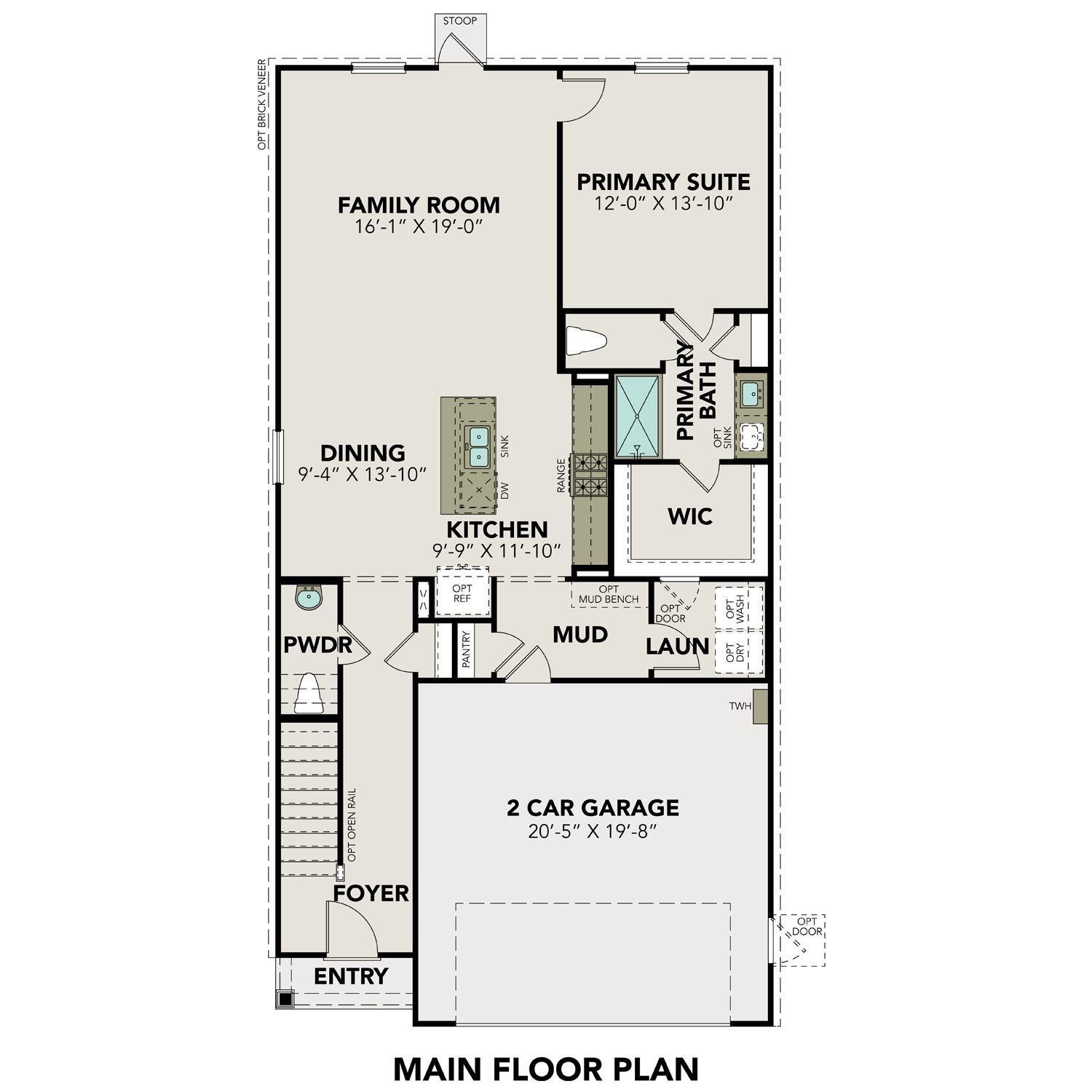 Main floor plan of The Brazos F 5-bedroom home: open kitchen, primary suite, family room, dining, and 2-car garage in Conroe, Texas