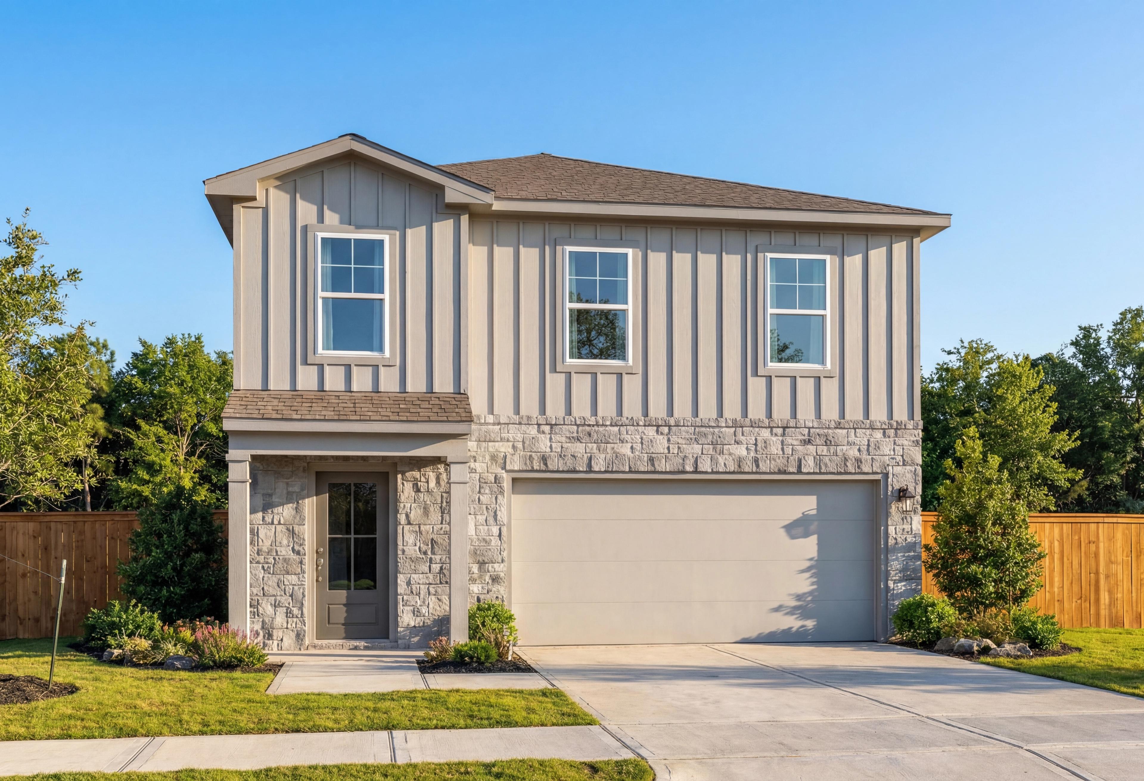 Two-story Trinity E home elevation by Davidson Homes featuring stone accents, board-and-batten siding, two-car garage, and lush landscaping in Magnolia Texas