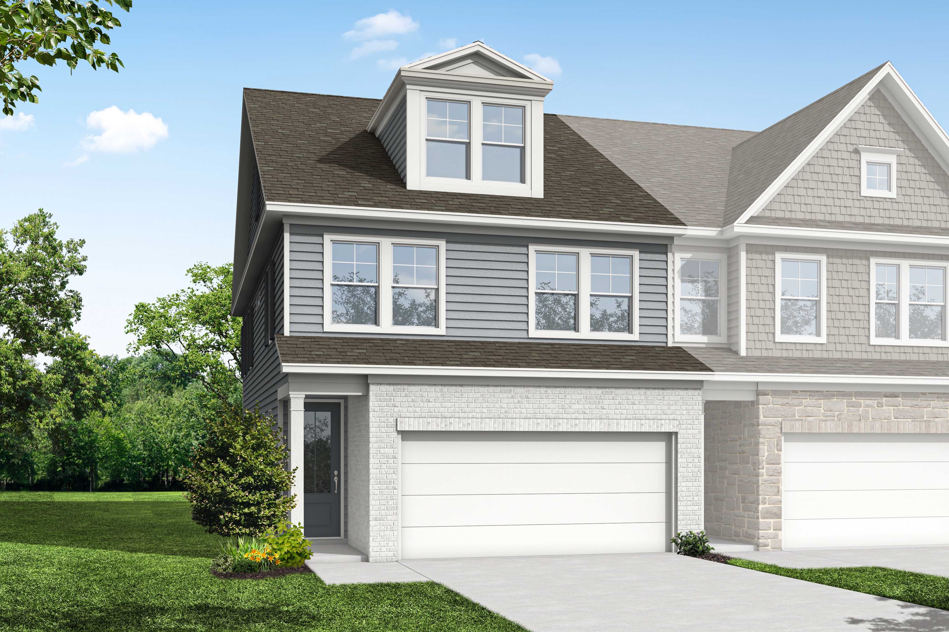 Two-story Durham E multi-family home elevation by Davidson Homes, grey siding, dual 2-car garages, dormer windows, landscaped yard in Cumming, GA