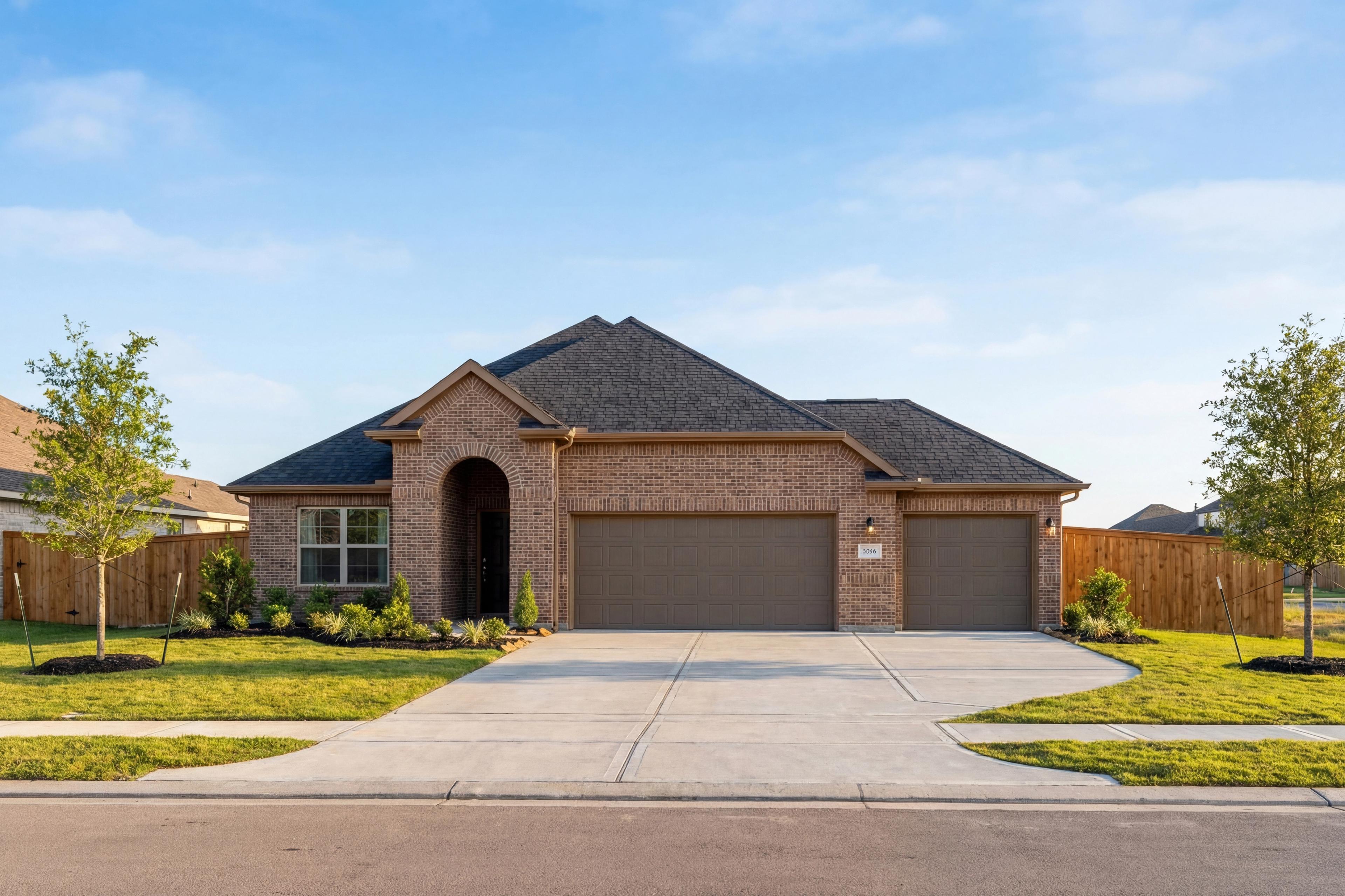 Brick elevation of The Acadia A 1-story home with 3-car garage, arched entry, and landscaped yard in Rosharon, Texas
