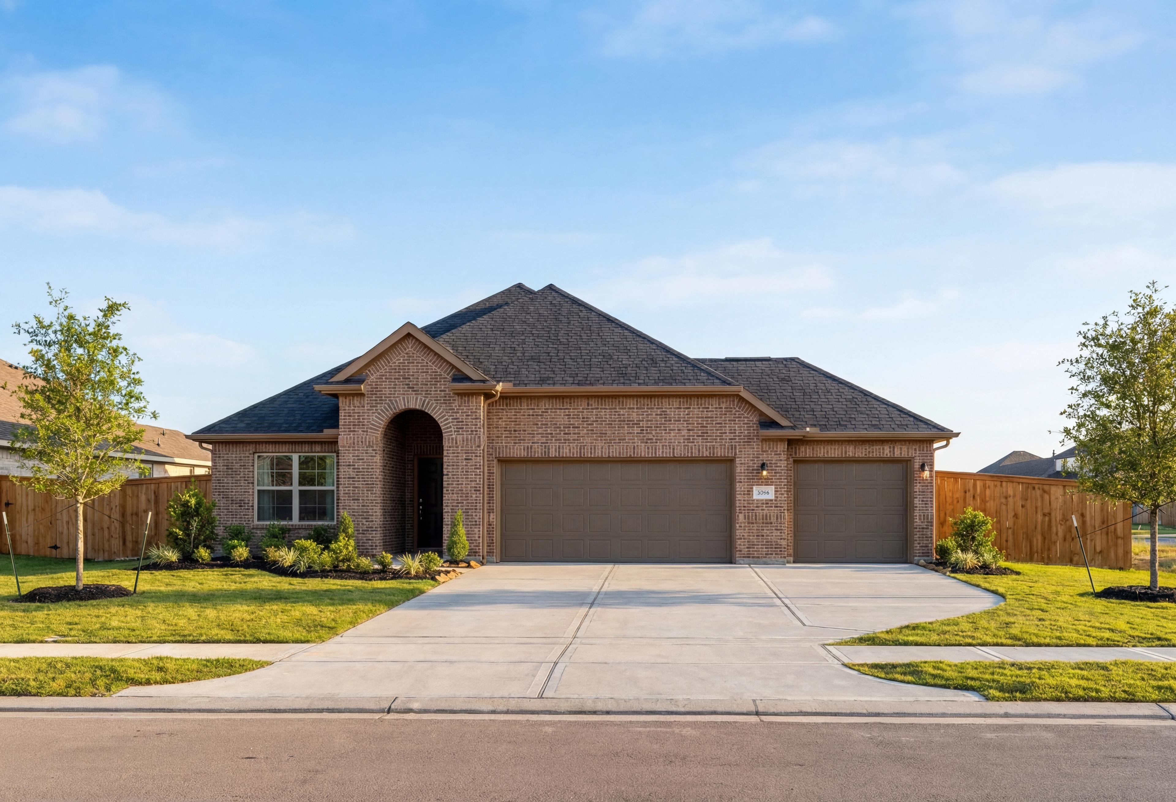 Brick elevation of The Acadia A 1-story home with 3-car garage, arched entry, and landscaped yard in Rosharon, Texas