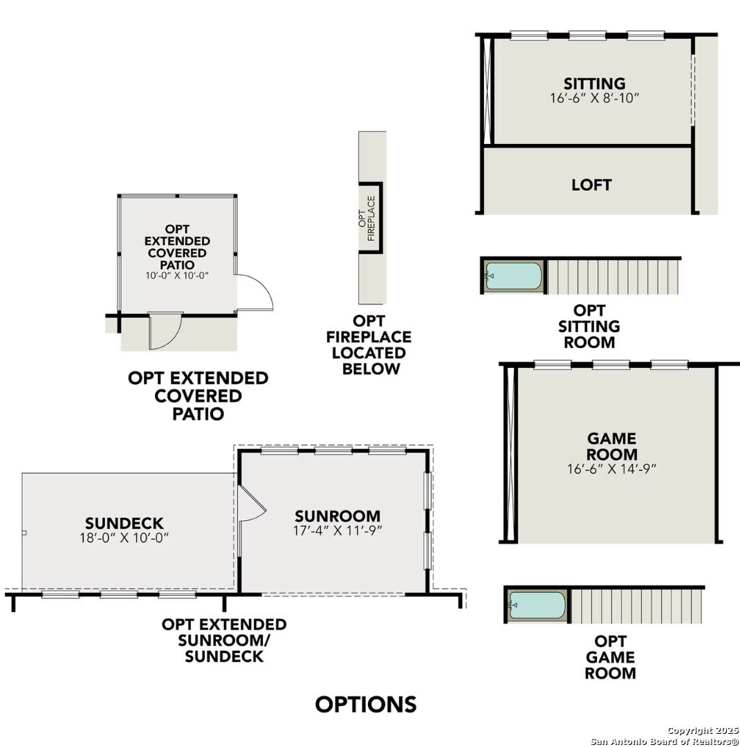 The Danbury H upper floor plan with sitting room, loft, game room, optional sunroom and extended patio in Castroville Texas home