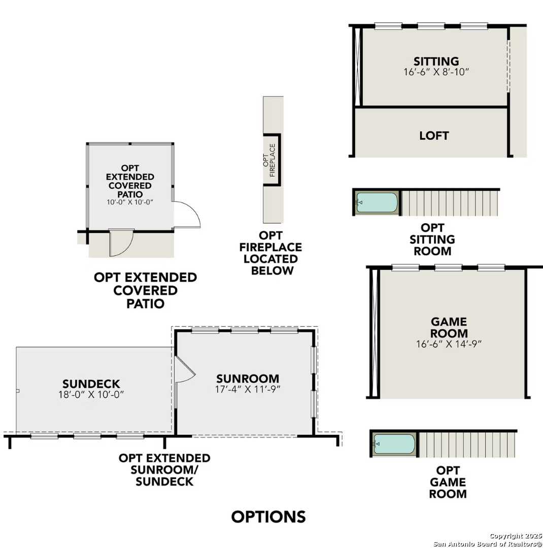 The Danbury H upper floor plan with sitting room, loft, game room, optional sunroom and extended patio in Castroville Texas home