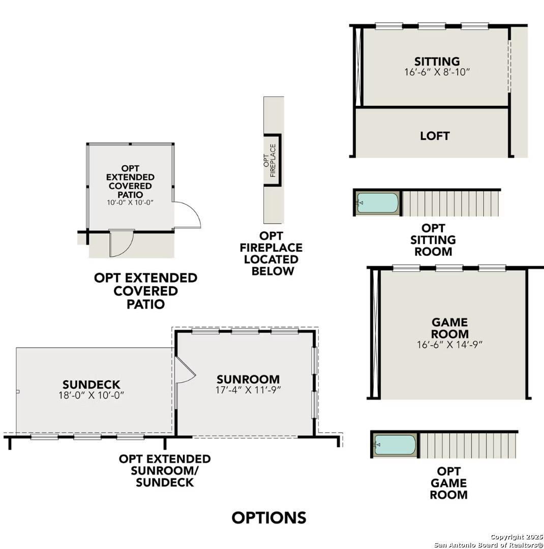 The Danbury H upper floor plan with sitting room, loft, game room, optional sunroom and extended patio in Castroville Texas home